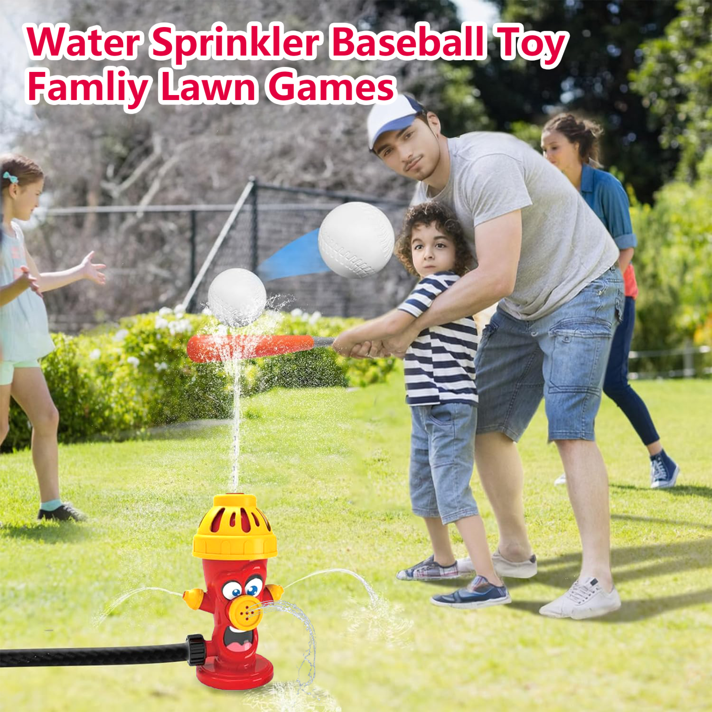 Richgv Water Spray Sprinkler Toys with Baseball Play Set, Outdoor Summer Kids Toys Attaches to Garden Hose Backyard Splashing Toys for Boys Girls