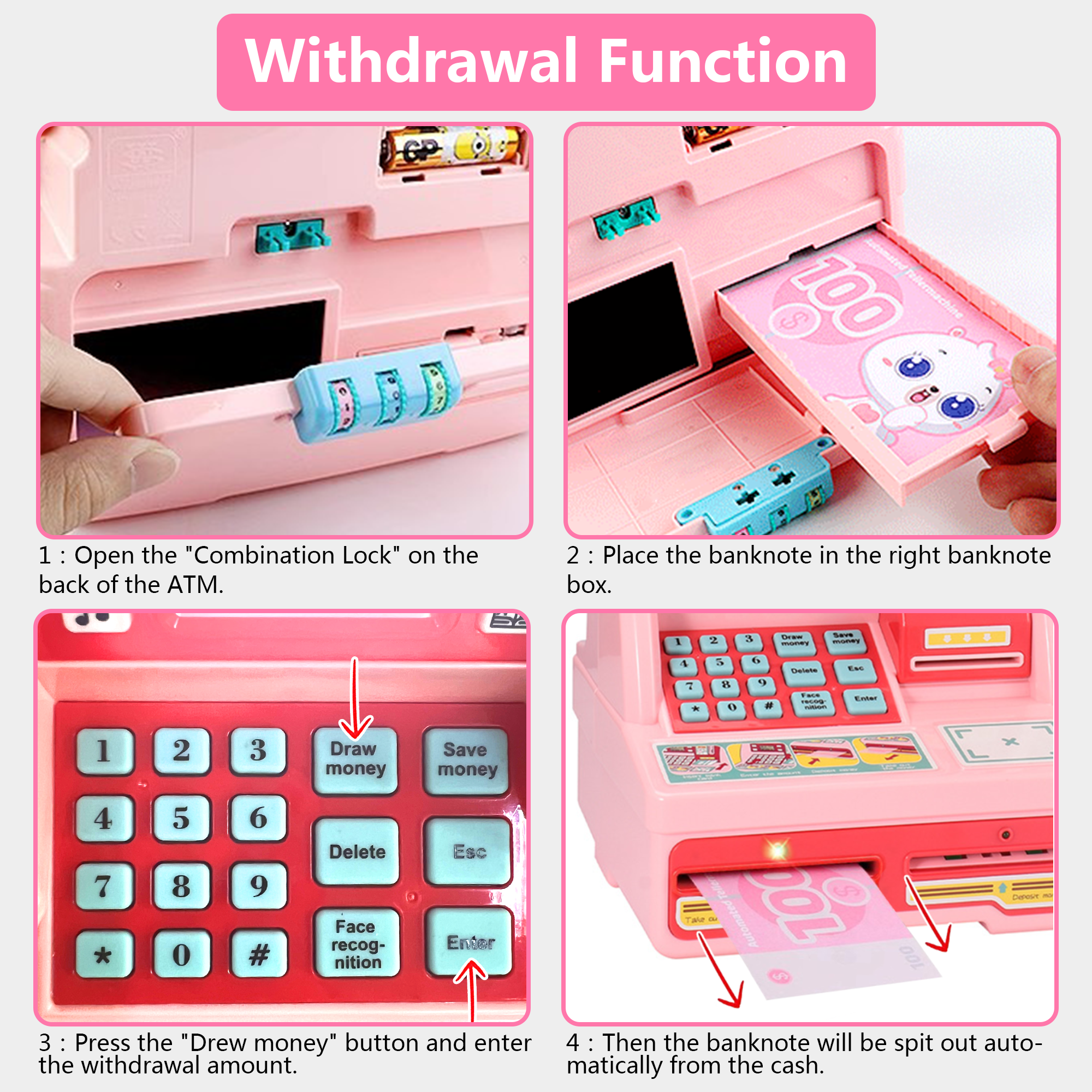 Richgv ATM Savings Bank Machine Toy for Kids, Pretend Play Toy Money Bank with Card Music Sounds, Realistic Kids ATM Machine Piggy Bank Toys for Girls 3-6 Year