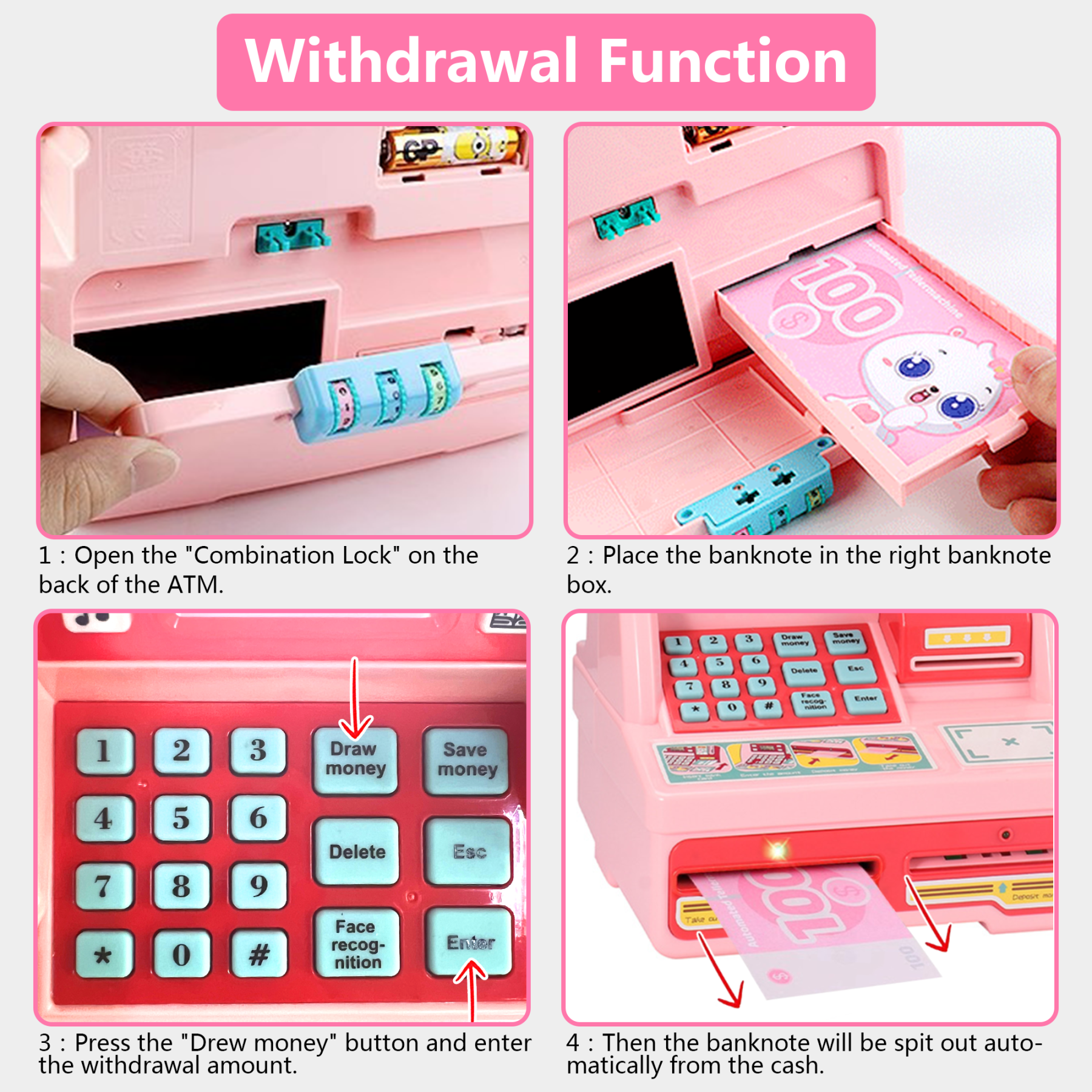 Richgv ATM Savings Bank Machine Toy for Kids, Pretend Play Toy Money Bank with Card Music Sounds, Realistic Kids ATM Machine Piggy Bank Toys for Girls 3-6 Year