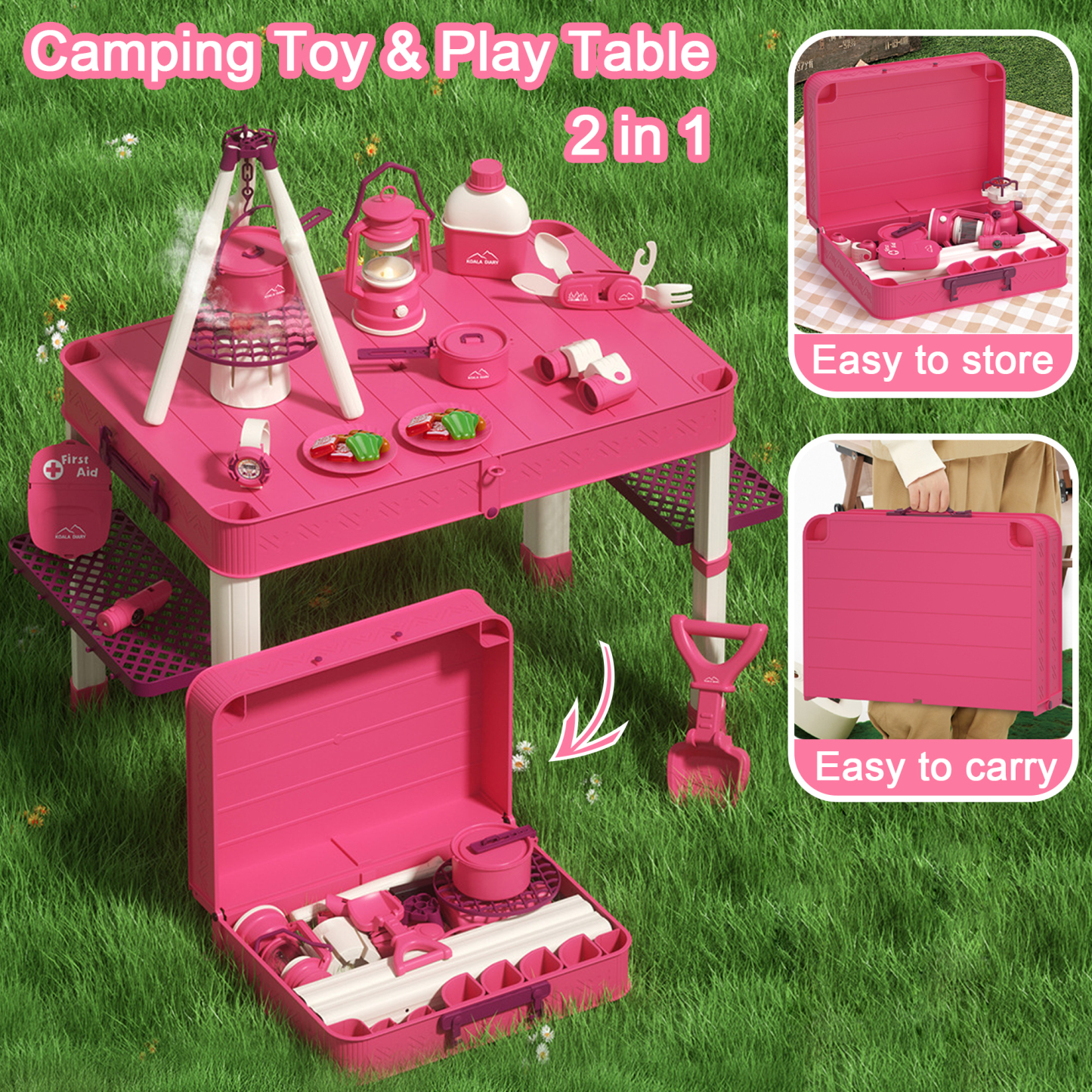 Richgv Kids Camping Toy Set with Play Table, Pretend Play Camping Toys with Folding Storage Table, Outdoor Indoor Toddler Camping Toy for Girl Boy
