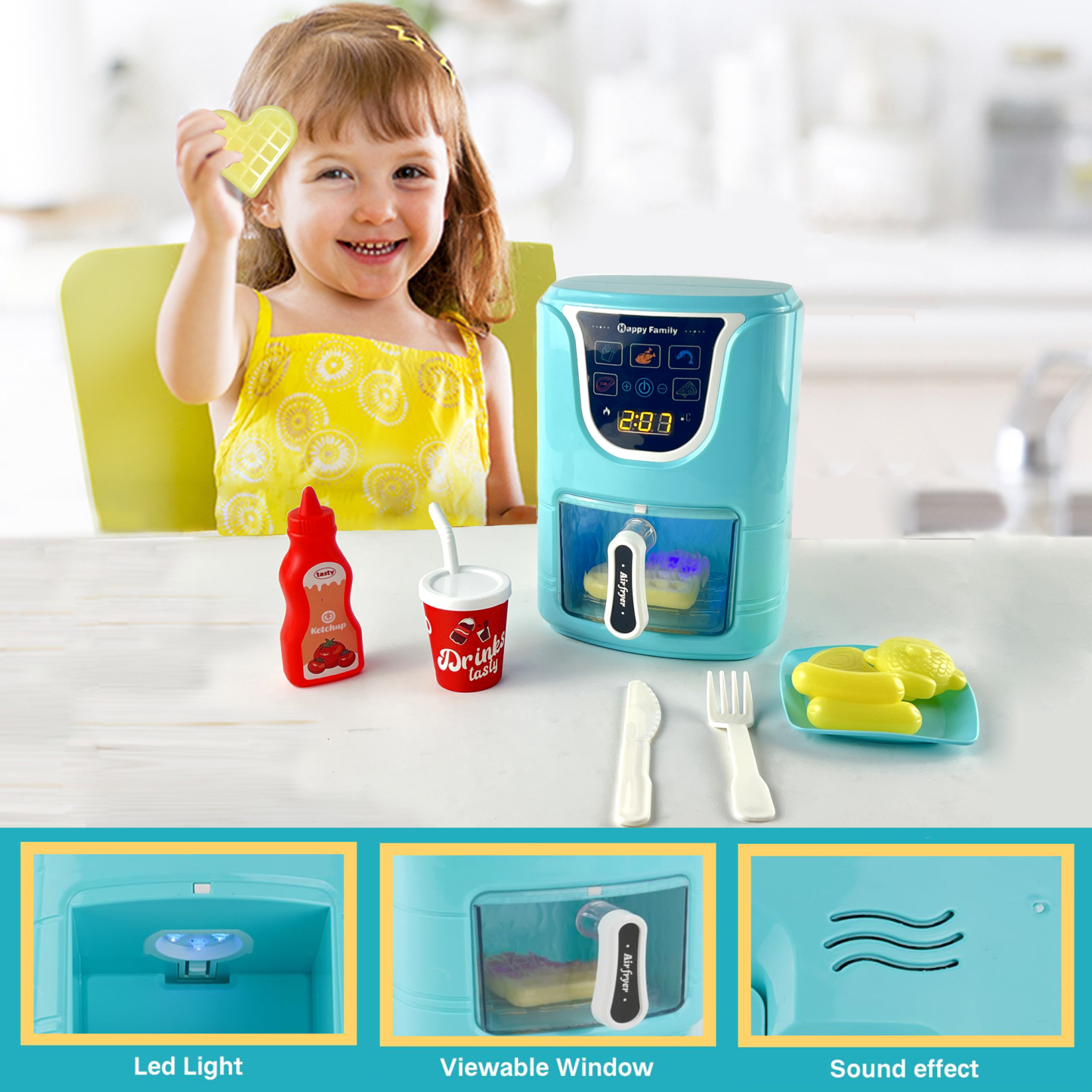 Richgv Kids Play Kitchen Air Fryer with Color Changing Play Food, Pretend Play Kitchen Cooking Accessories Toys for Kids Girls Boys Age 3-6