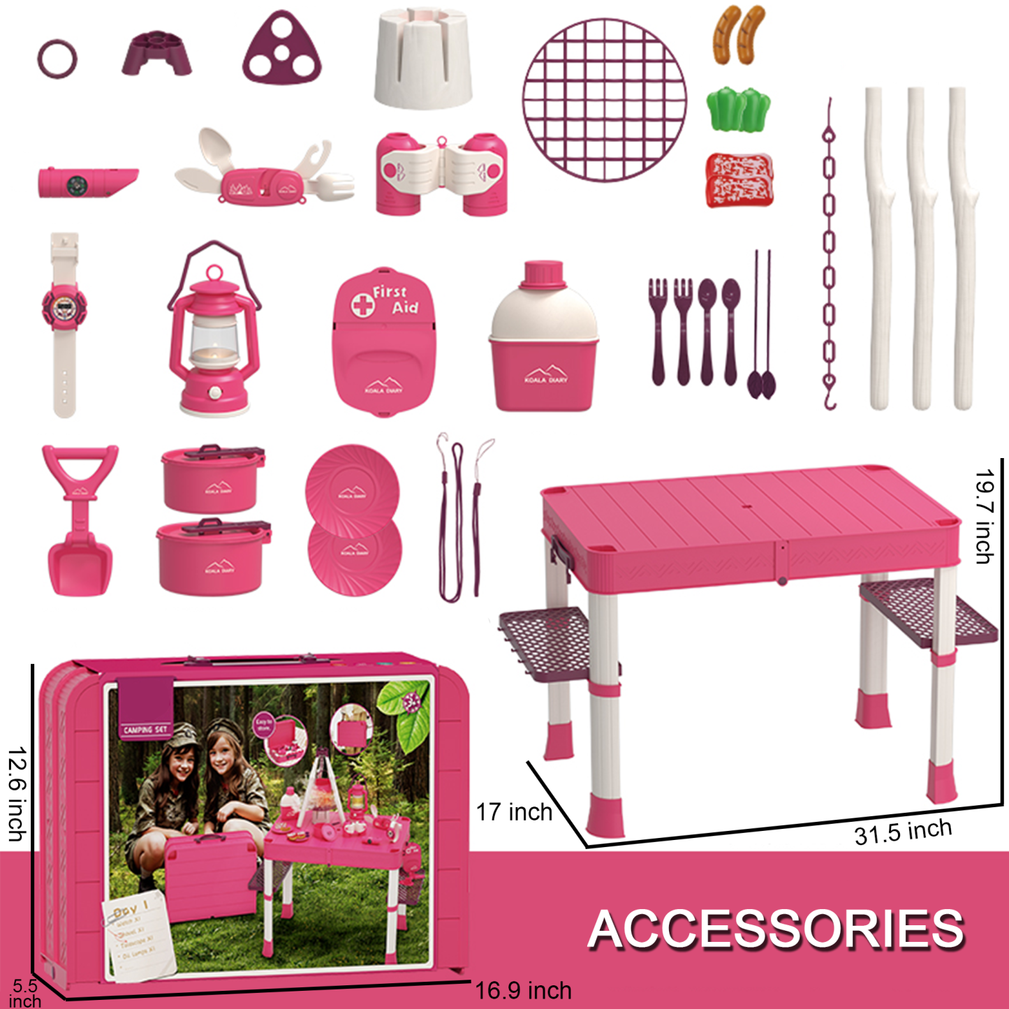 Richgv Kids Camping Toy Set with Play Table, Pretend Play Camping Toys with Folding Storage Table, Outdoor Indoor Toddler Camping Toy for Girl Boy