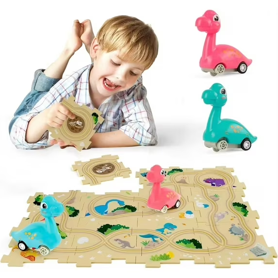 Adofi Dinosaur Floor Puzzle Car Track Set