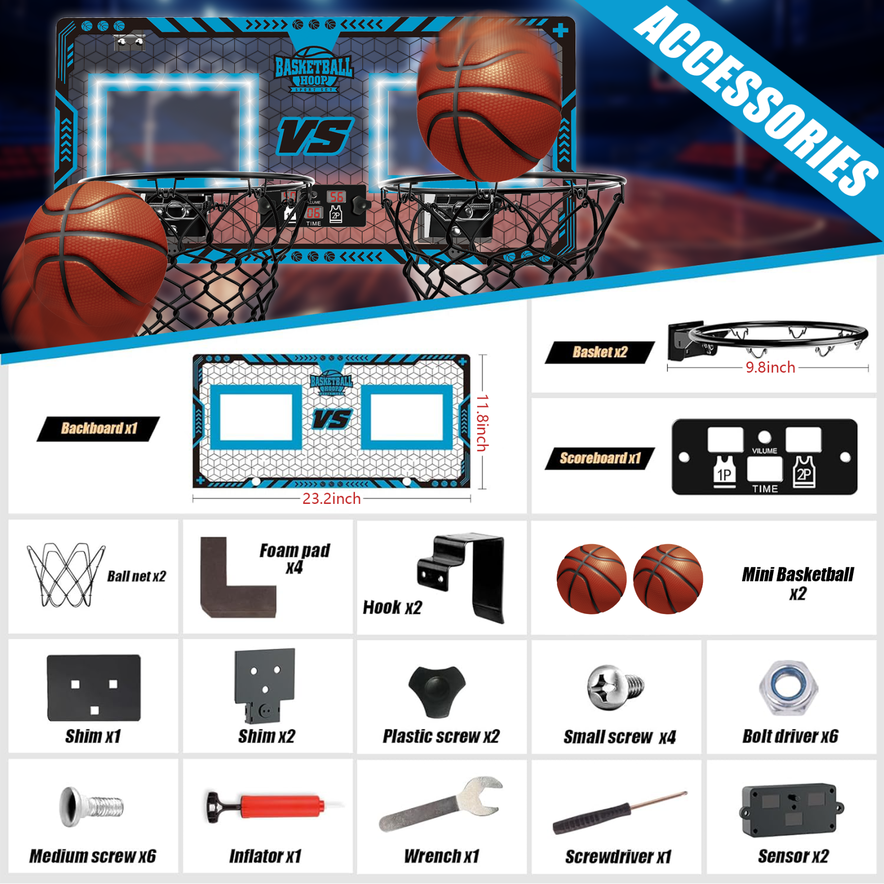 Richgv Double Shot Basketball Hoop for Kids, Indoor 2 Player Basketball Hoop with Electronic Scoreboard, 2 Balls