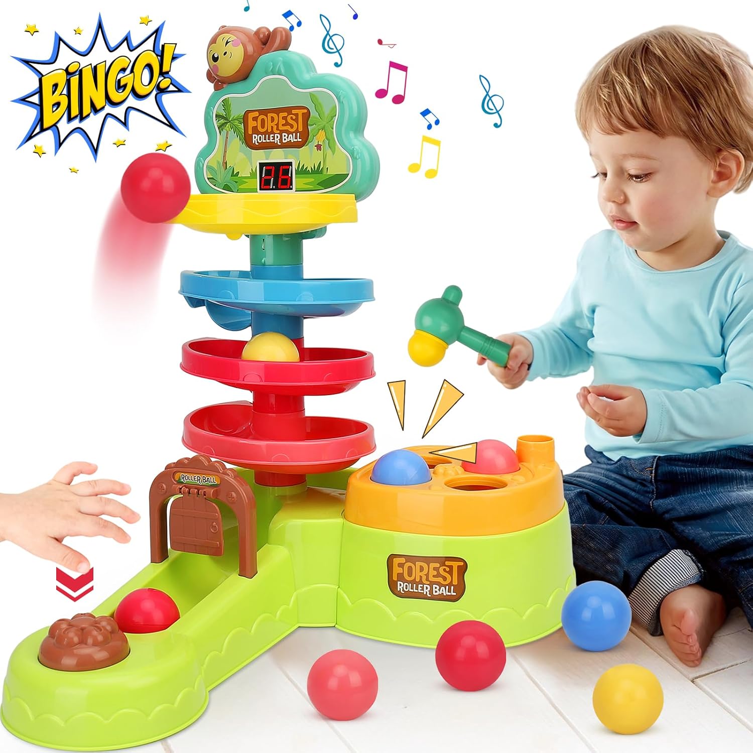 Adofi 3-in-1 Toddler Montessori Toys, Hammer Pound Balls, Shoot Balls Game, Ball Drop Toys for 1-3 Years Old, 1 Year Old Toys for Boys