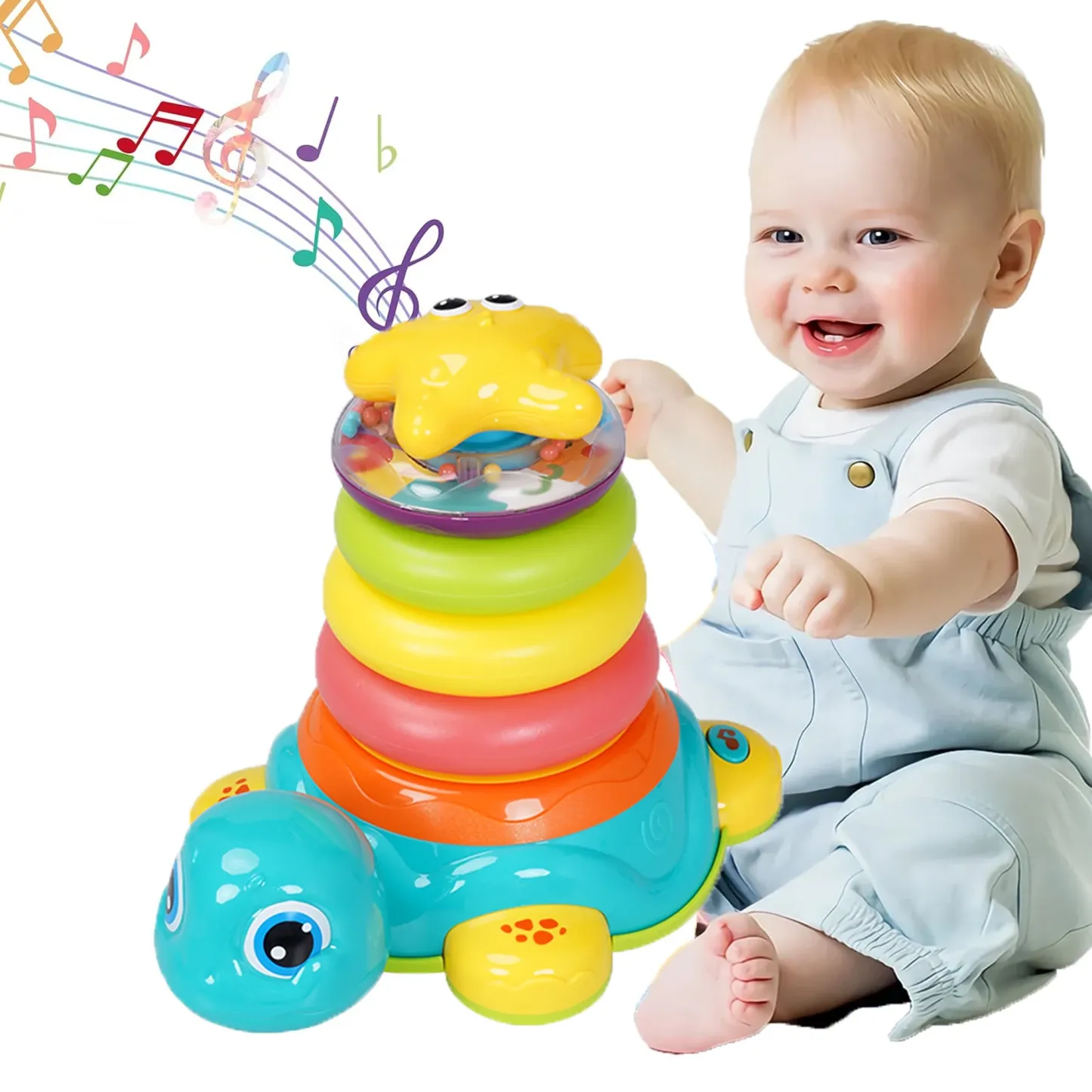 Adofi Musical Crawling Turtle Baby Toys with 5 Stacking Rings