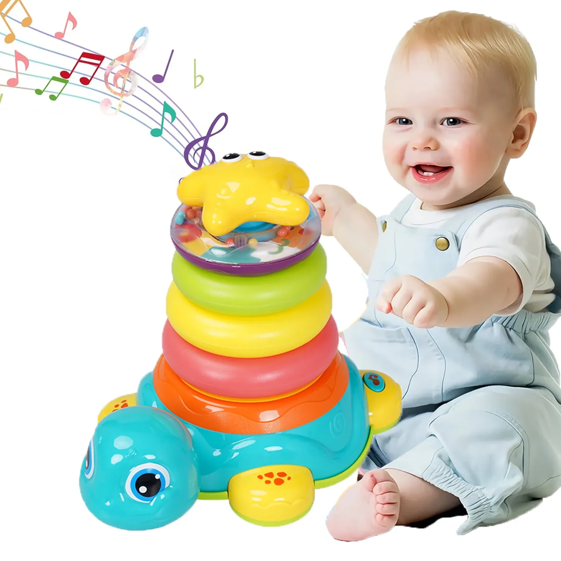 Adofi Musical Crawling Turtle Baby Toys with 5 Stacking Rings