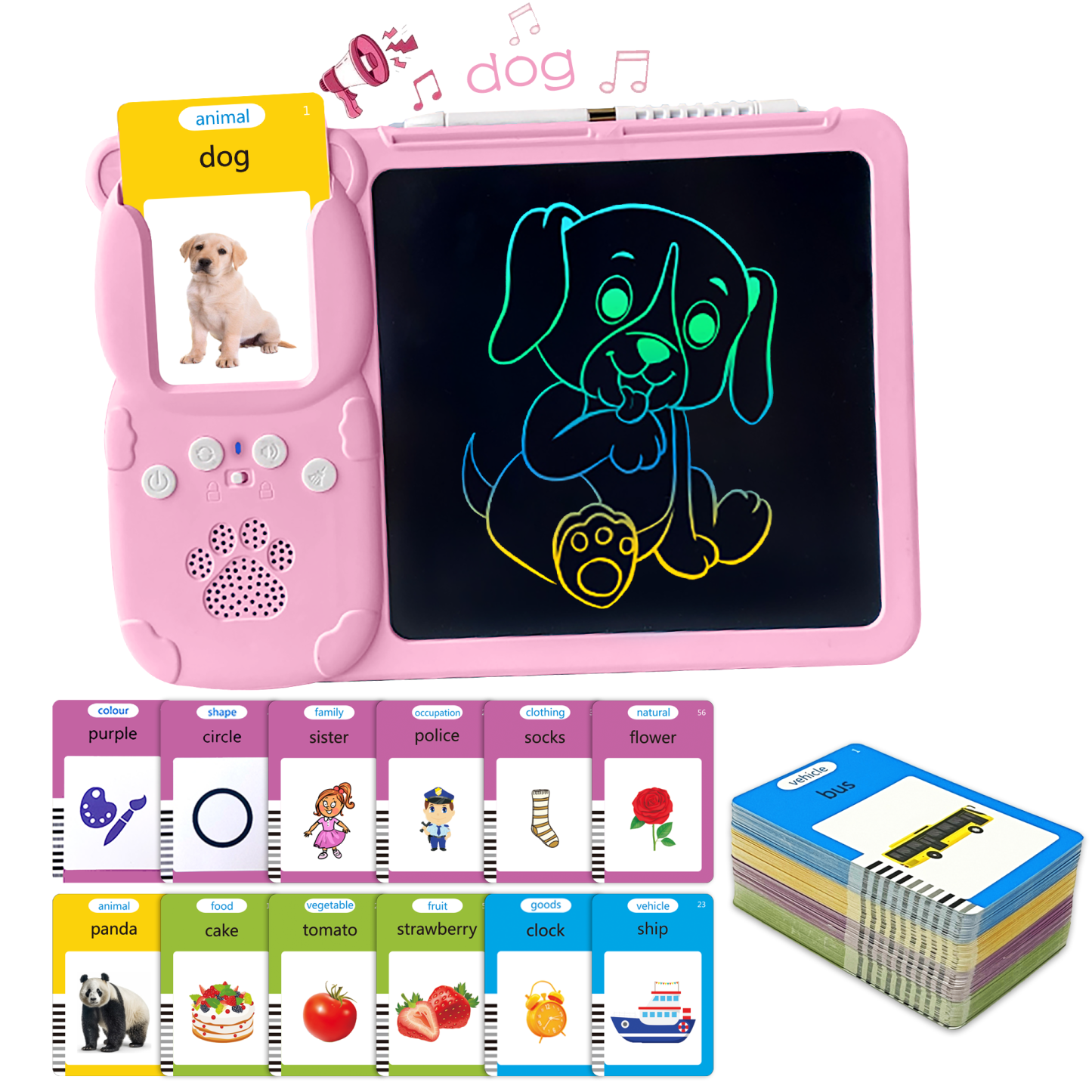 Adofi Talking Flash Cards with Drawing Tablet, Speech Therapy Toys for Toddlers 3-5, LCD Writing Tablet for Kids 2 3 4 5 6 7 8, Educational Toys for Children 3-8, Educational Flash Cards Toys -Pink