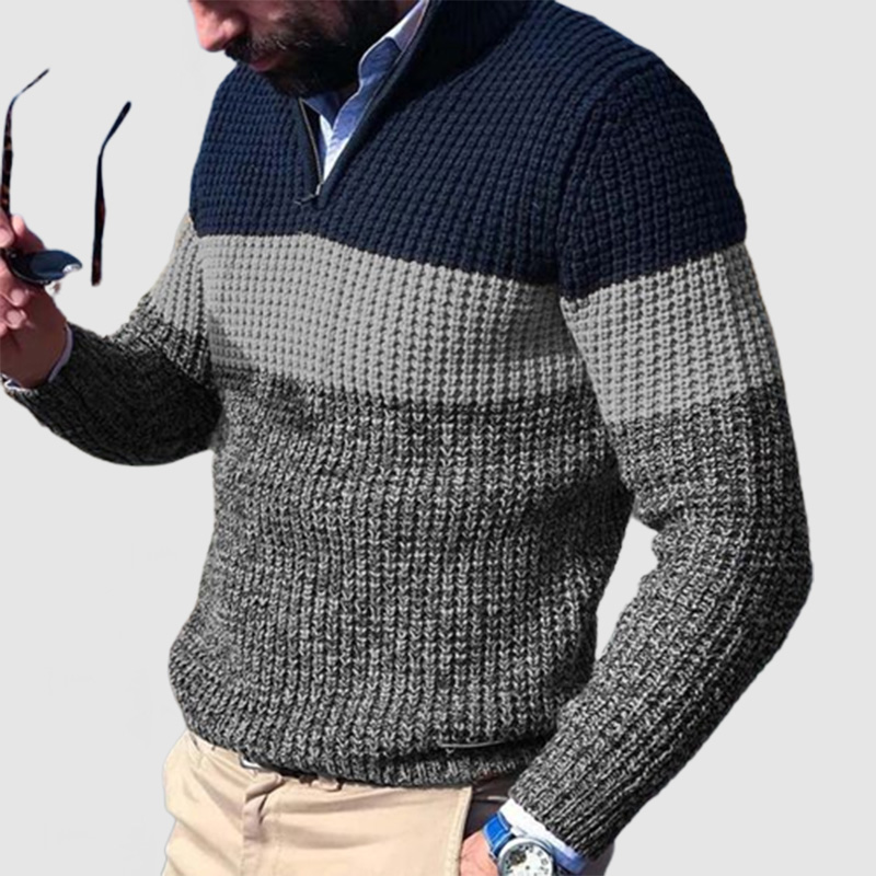 Men's Casual Contrast Color Long Sleeve Knitted Polo Shirt