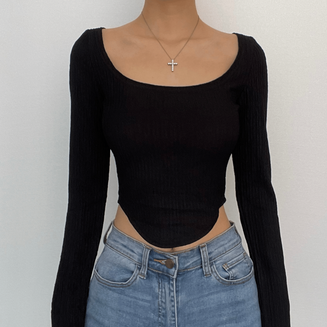 Long-sleeved textured square-neck top