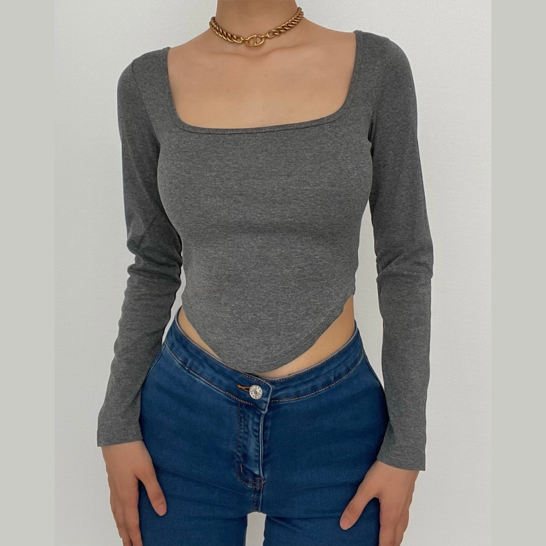 Solid color square neck long sleeves
