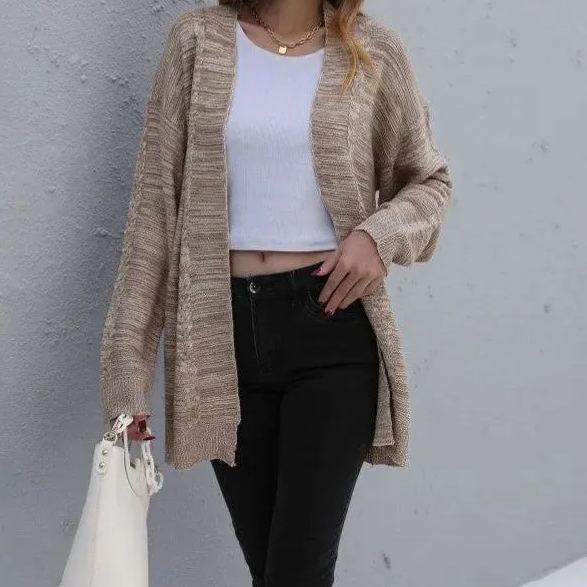Autumn and winter new medium and long solid color twisted cardigan knitted sweater coat women