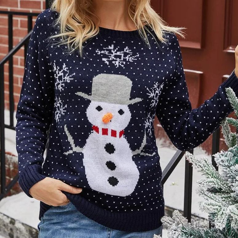 #Christmas# Long Sleeve Round Neck Pullover Sweater Snowman