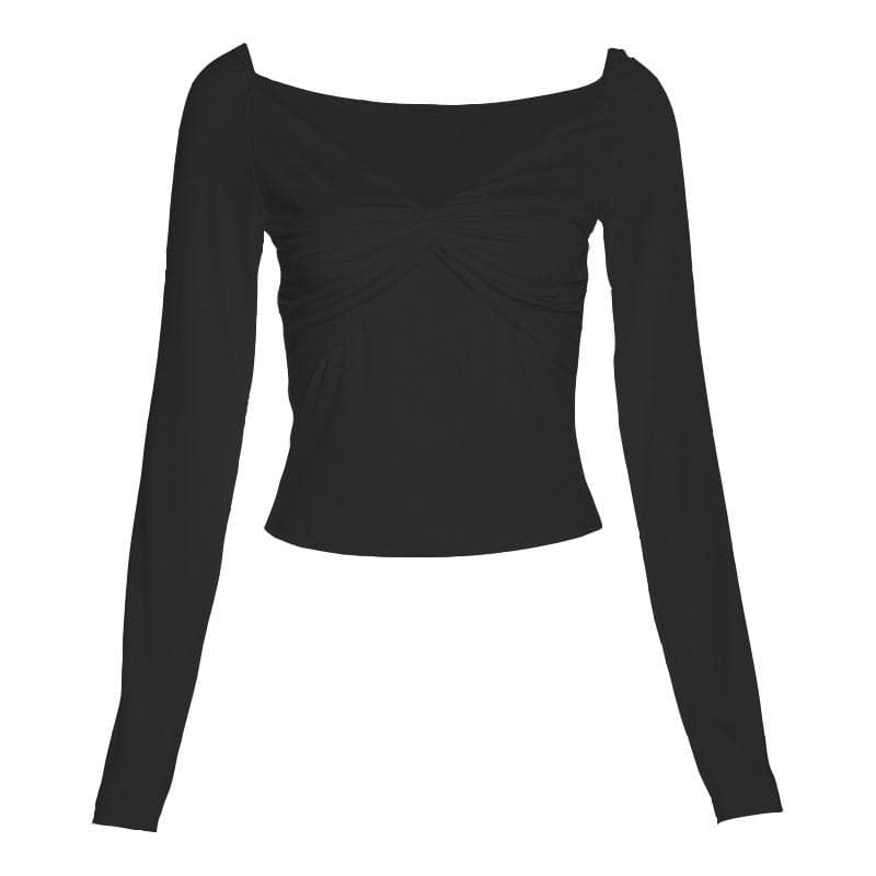 Ruched long sleeve solid v neck top