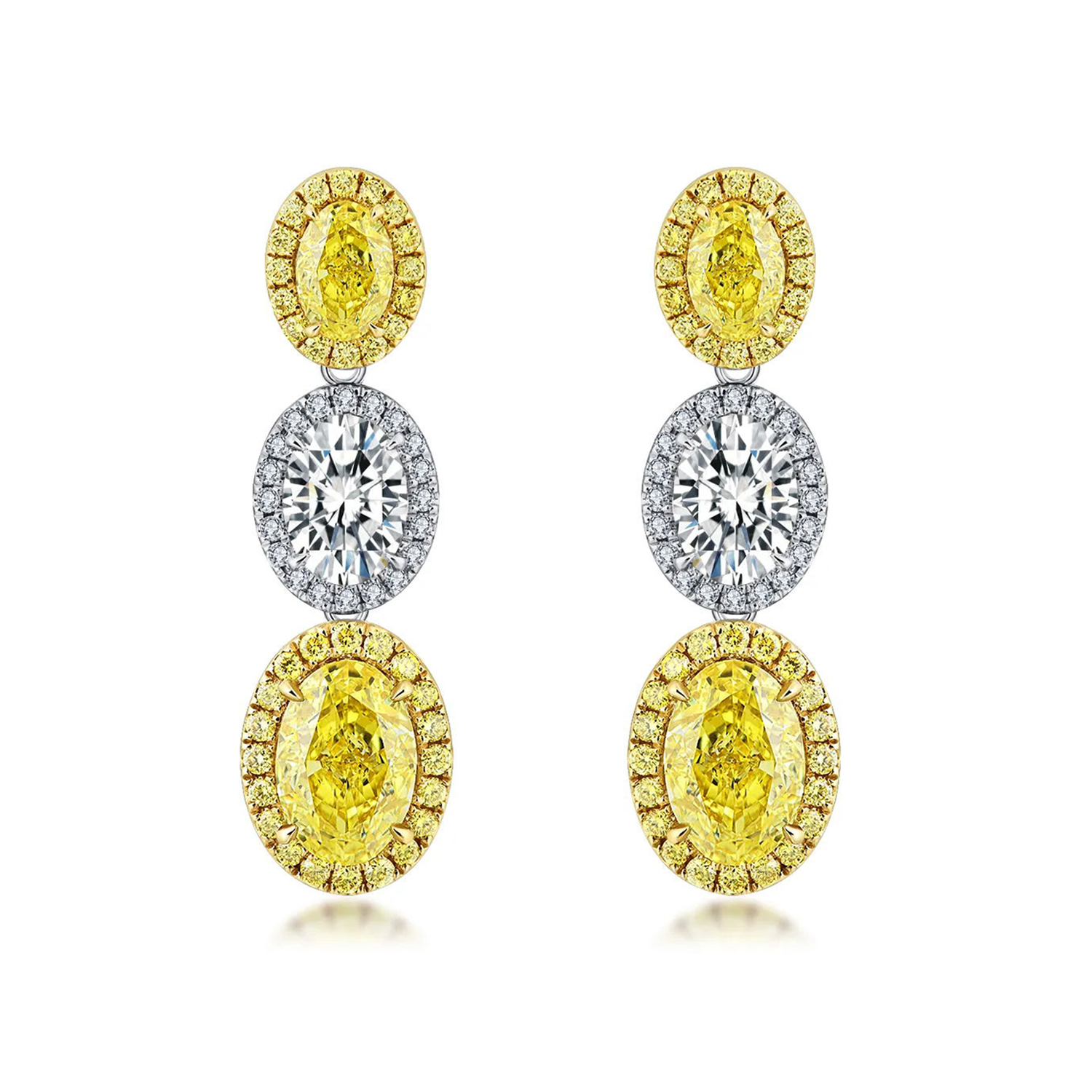 4.4 Carat Total Weight Halo Oval Three Stone Yellow and White Lab Grown Diamond Drop Earrings