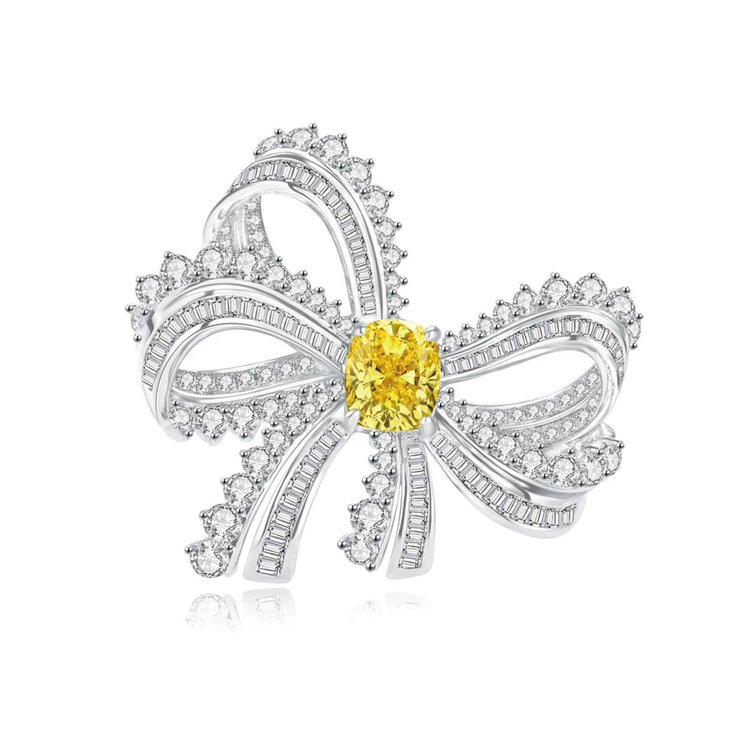 2 Carat Center Stone Yellow Cushion Cut Lab Grown Diamond with White Baguette Diamond Ribbon Bow Brooch (5.2 Ct Tw), IGI Certified 