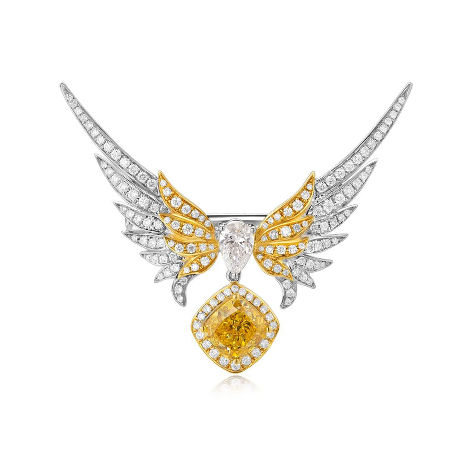 1.5 Carat Center Stone Cushion Cut Yellow Diamond Drop with Double Layers Diamond Victory Wings Brooch (2.5 Ct Tw)