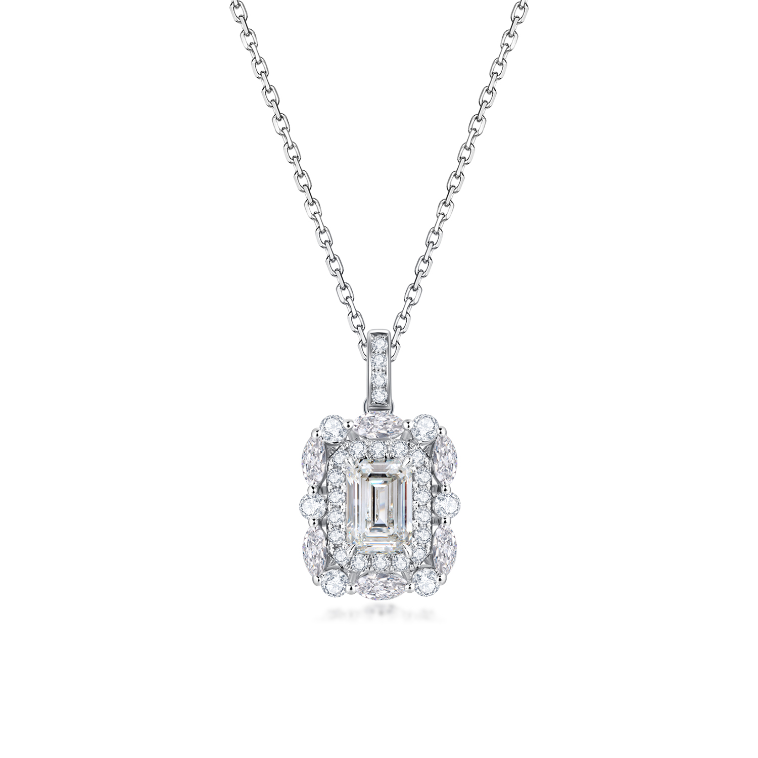 0.8 Carat Center Stone Mix Shape Diamond Double Halo Emerald Cut Pendant Necklace  (1.4 Ct Tw)