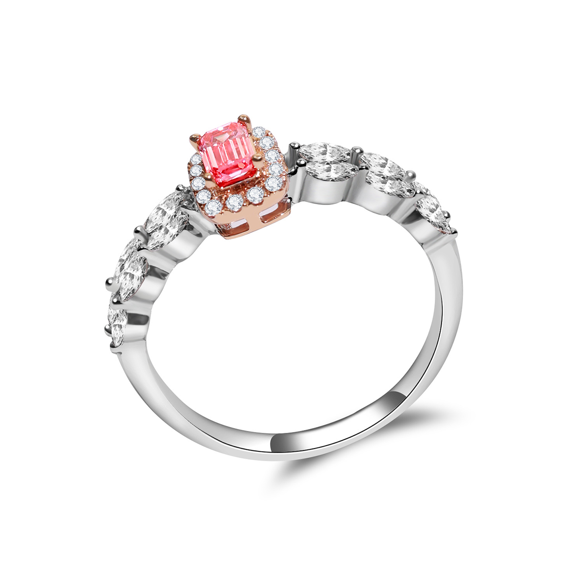 Retro Halo Pink Emerald Cut Lab Grown Diamond Double Row Ring  ( 0.7 Ct Tw)
