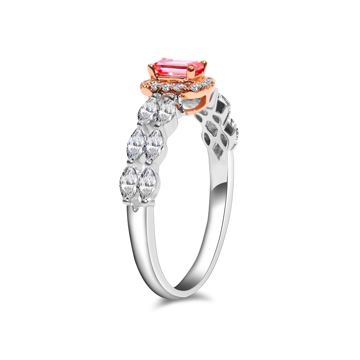 Retro Halo Pink Emerald Cut Lab Grown Diamond Double Row Ring  ( 0.7 Ct Tw)