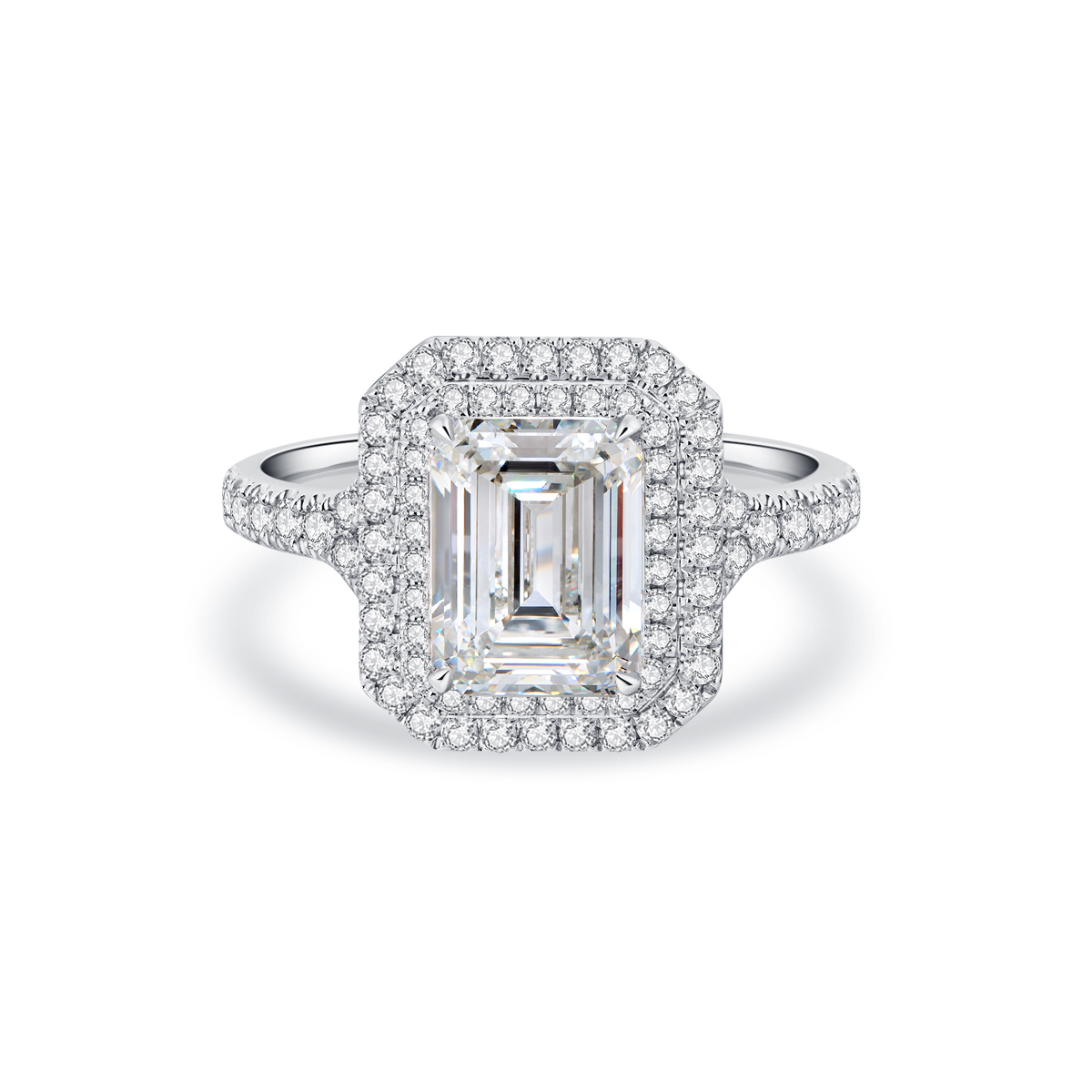 3 Carat Center Stonet Double Halo Emerald Cut Lab Grown Diamond Engagement Ring  (3.7 Ct Tw)-Light Mark