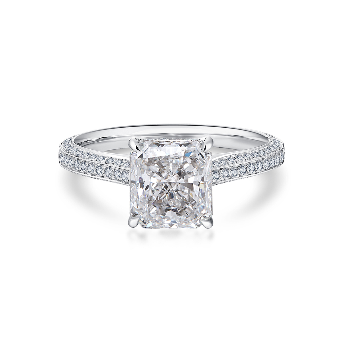 2 Carat Center Stone Radiant Cut Lab Grown Diamond Channel Set Engagement Ring In 18k White Gold (2.4 Ct Tw)-Light Mark