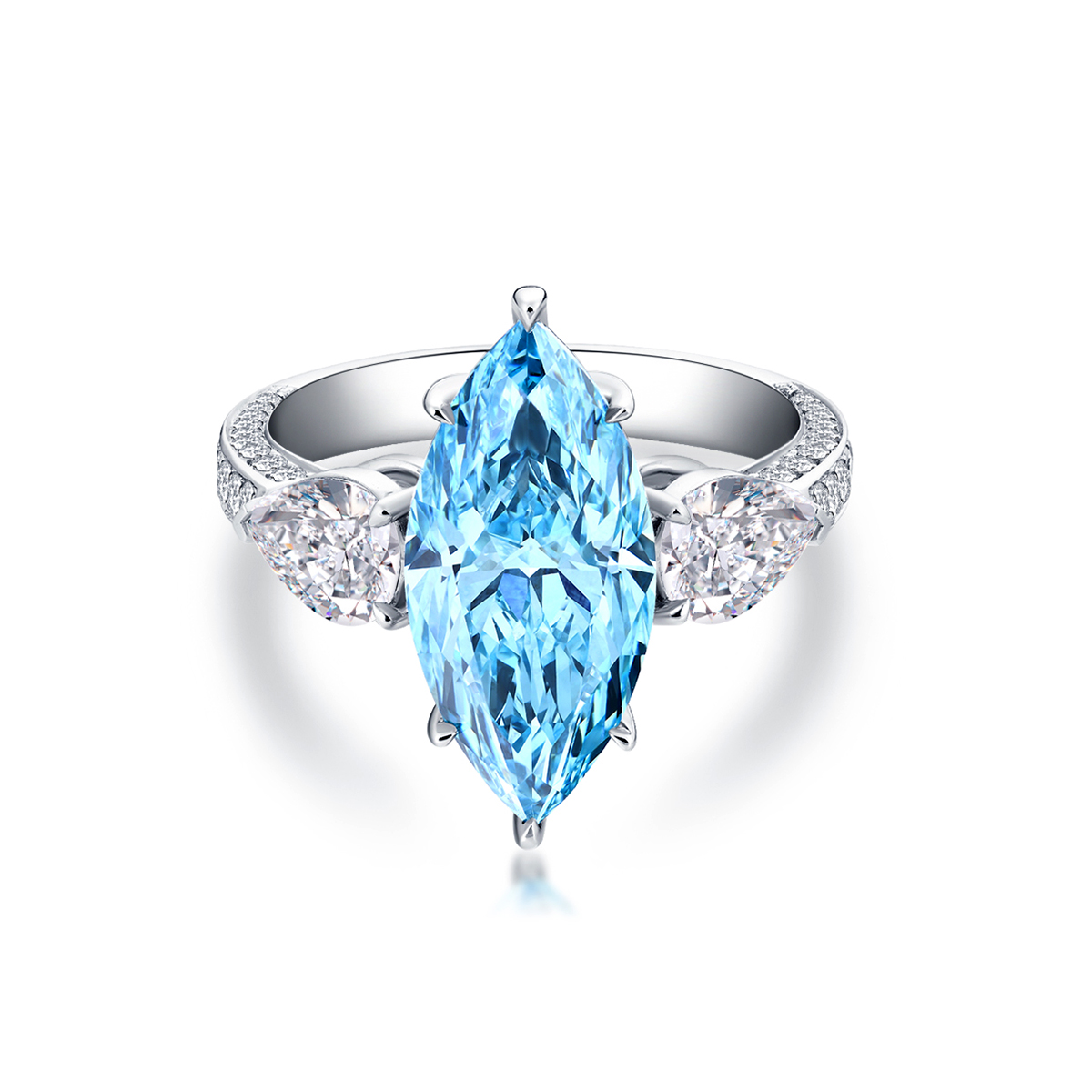 3.7 Carat Center Stone Luxe Blue Marquise Cut Lab Grown Diamond Three Stone Engagement Ring (5 Ct Tw)-Light Mark