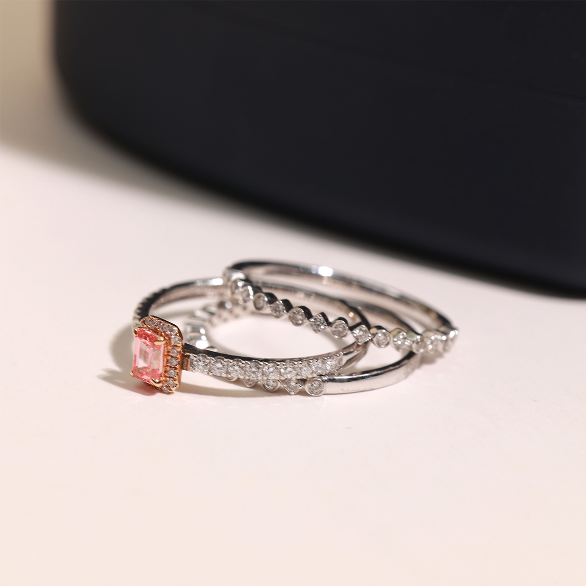 Pink Emerald Cut Lab Grown Diamond 3 Peices Bridal Set Rings( 0.6 Ct Tw)