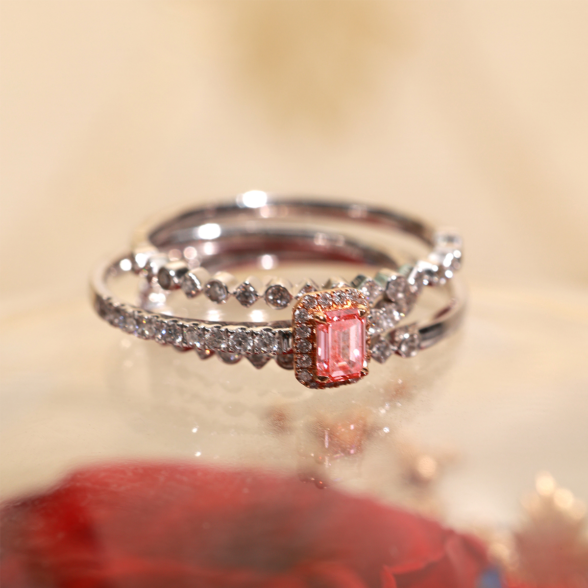 Pink Emerald Cut Lab Grown Diamond 3 Peices Bridal Set Rings( 0.6 Ct Tw)