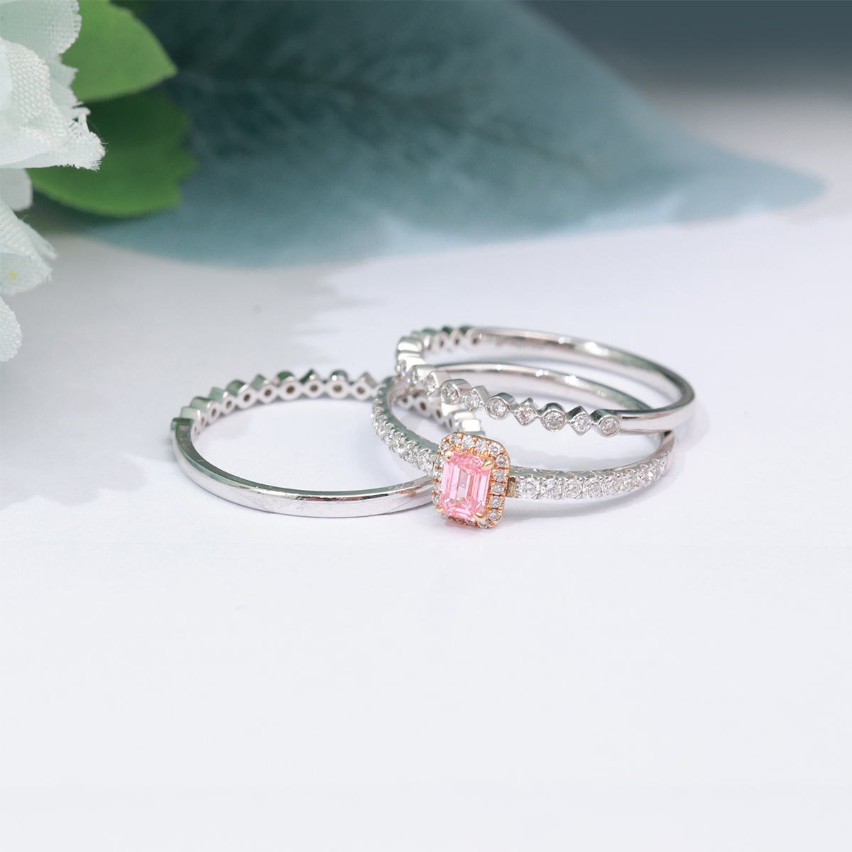Pink Emerald Cut Lab Grown Diamond 3 Peices Bridal Set Rings( 0.6 Ct Tw)