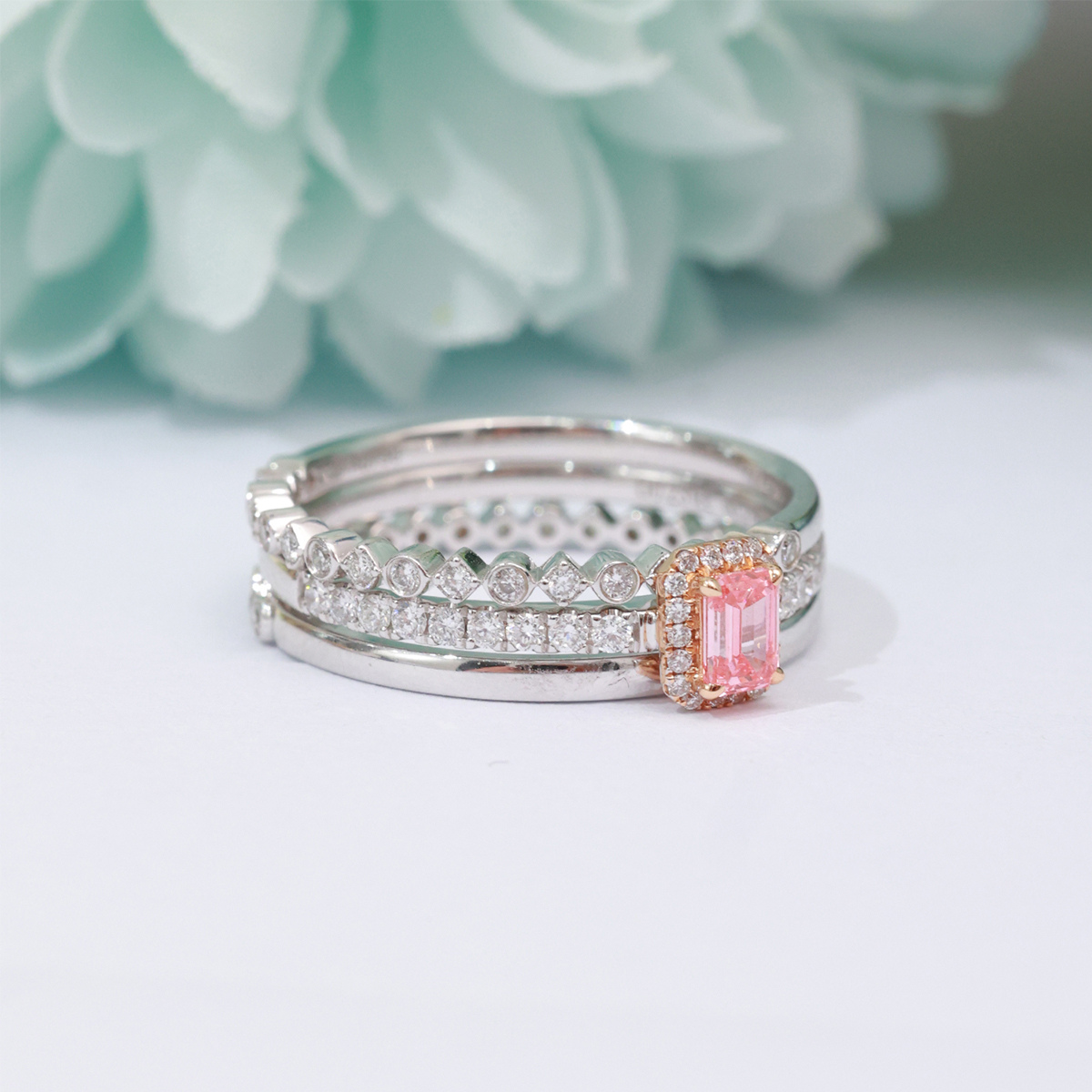 Pink Emerald Cut Lab Grown Diamond 3 Peices Bridal Set Rings( 0.6 Ct Tw)