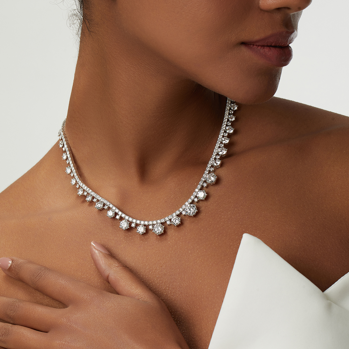 30.7 Carat Total Weight Graduated Round Cut Dangle Lab Grown Diamond Drops Riviera Necklace-Light Mark