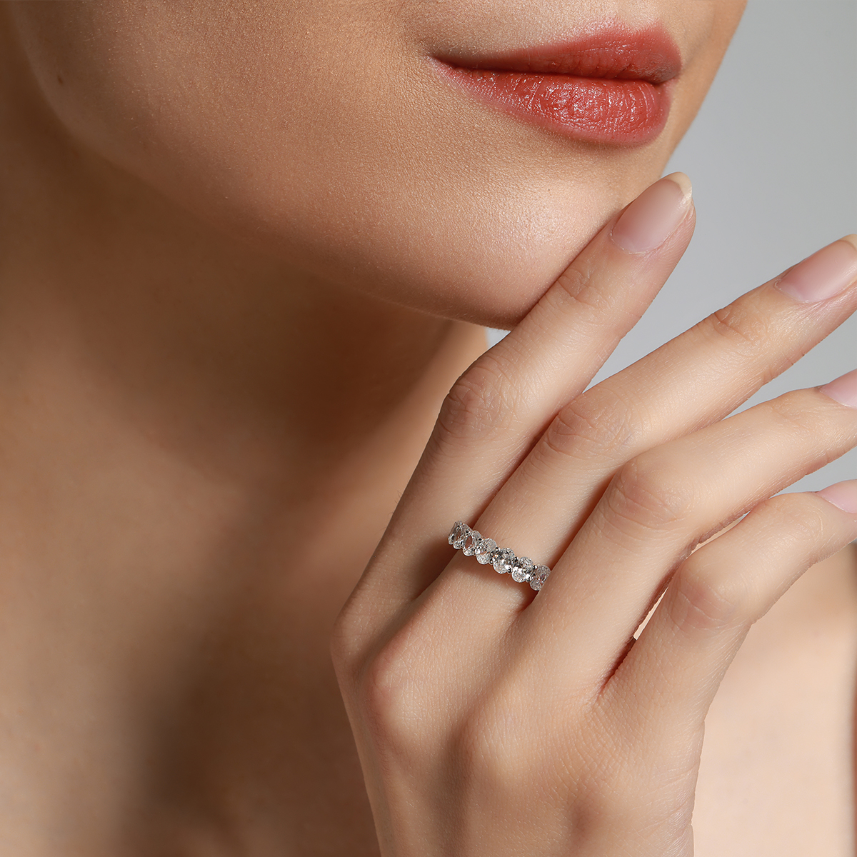 1 Carat Total Weight Oval Cut Seven Stone Half Eternity Band Wedding Ring in 18k White Gold