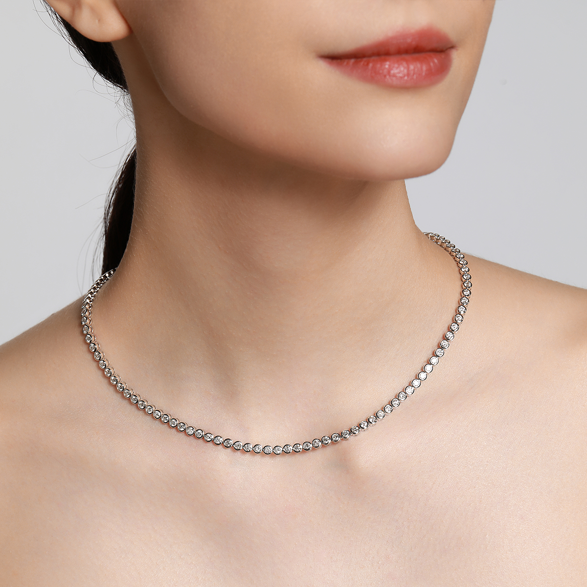 IGI Certified 7.9 Carat Round Cut Lab Grown Diamond Bezel Set Tennis Necklace in 18K White Gold