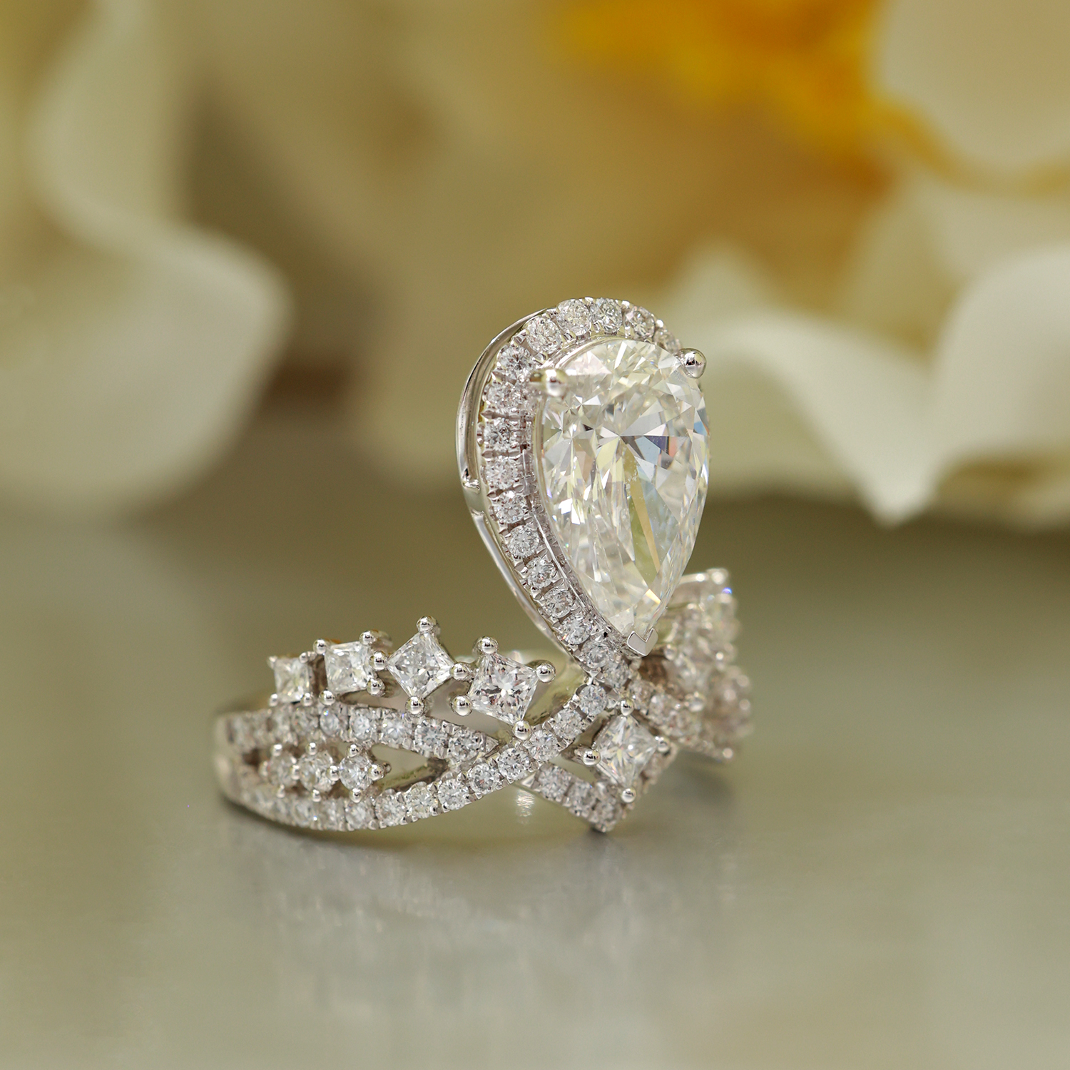 2 Carat Main Stone Tiara Shape Halo Pear Cut Lab Grown Diamond Engagement Ring ( 3 Ct Tw)