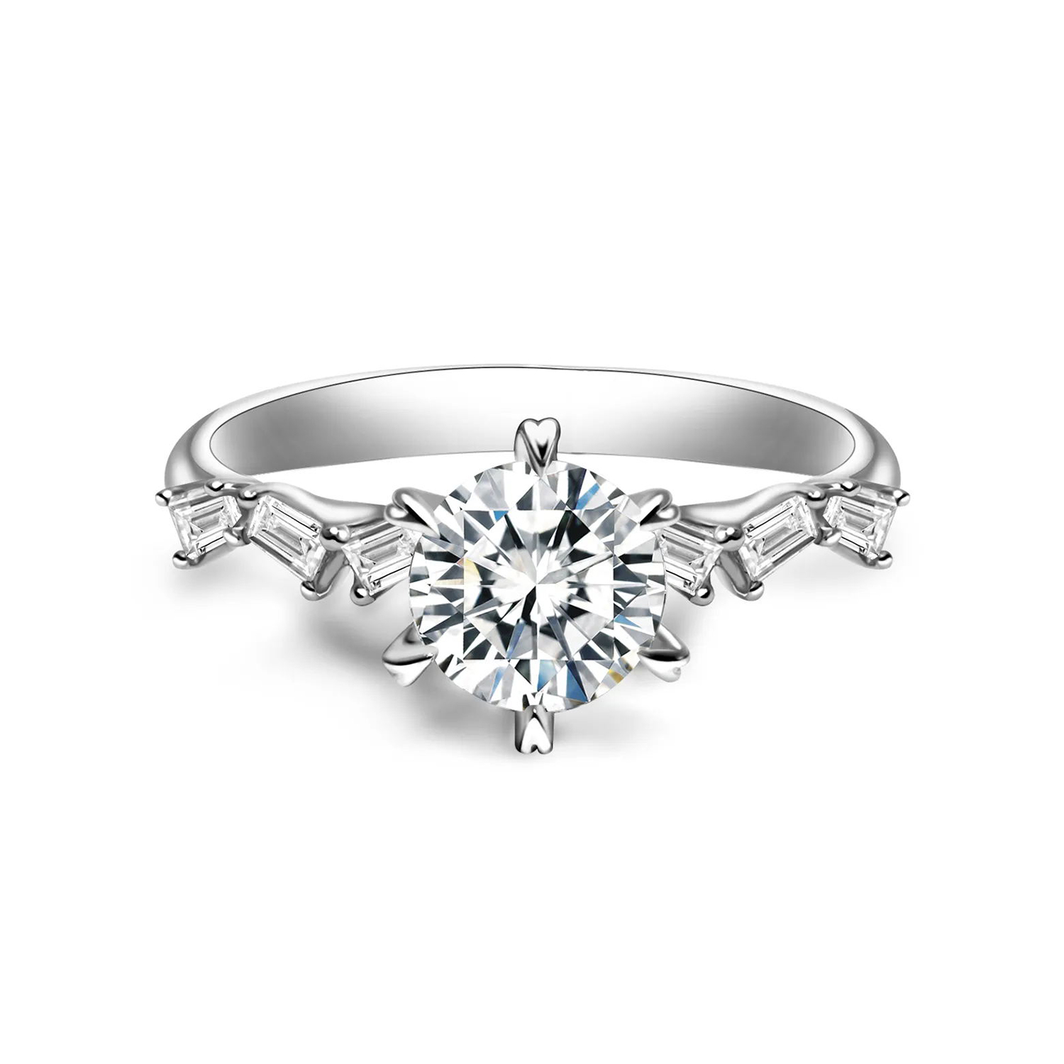 Round Cut Lab Grown Diamond With Geometric Accent Baguette Diamond Band Engagement Ring In 18k Gold