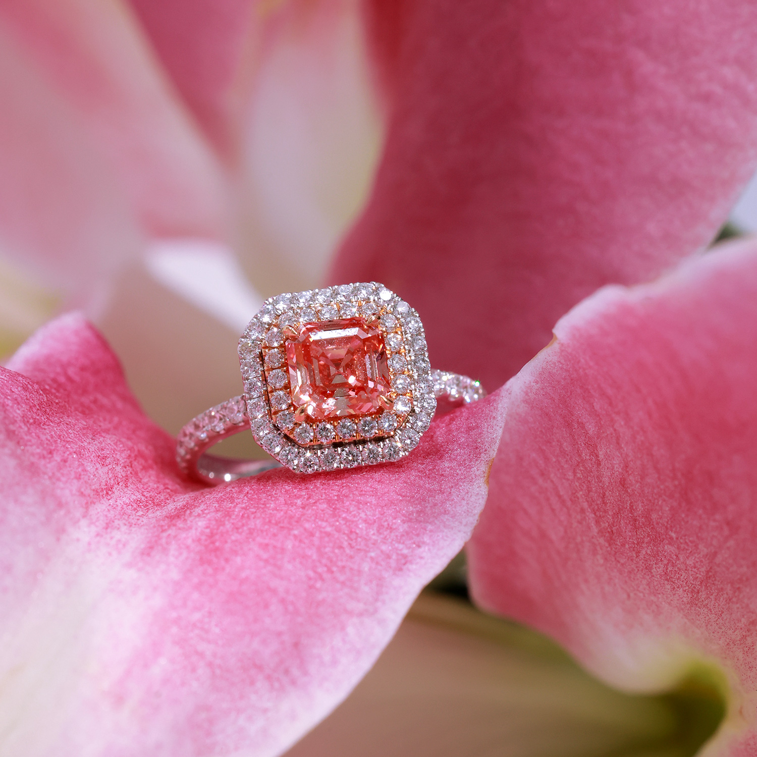 1 Carat Pink Radiant Cut Lab Grown Diamond Center Stone Double Halo Enagegement Ring in 18k Gold ( 1.5 Ct Tw)