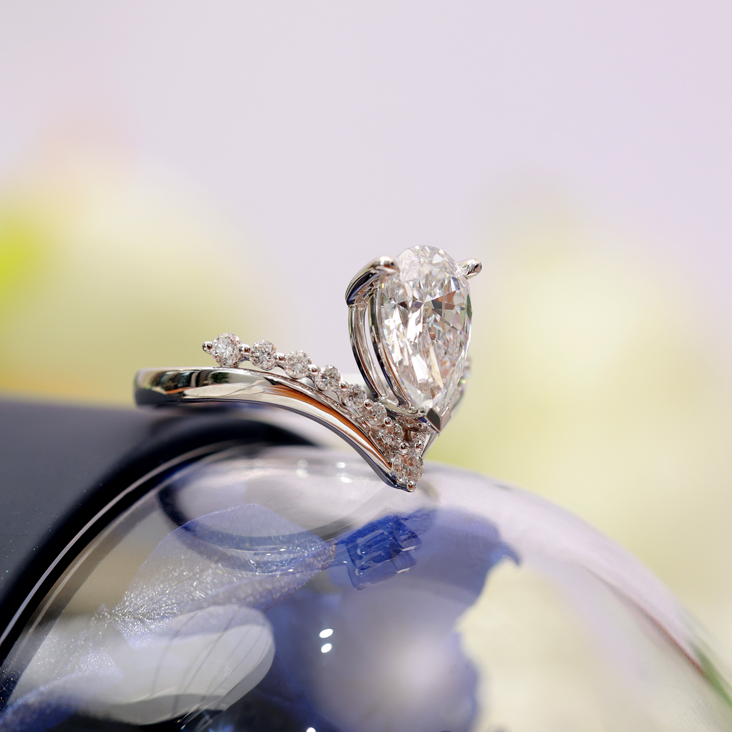 1.6 Carat Center Stone Pear Cut Lab Grown Diamond Deep V Shape Engagement Ring in 18k Gold (1.8 Ct Tw)