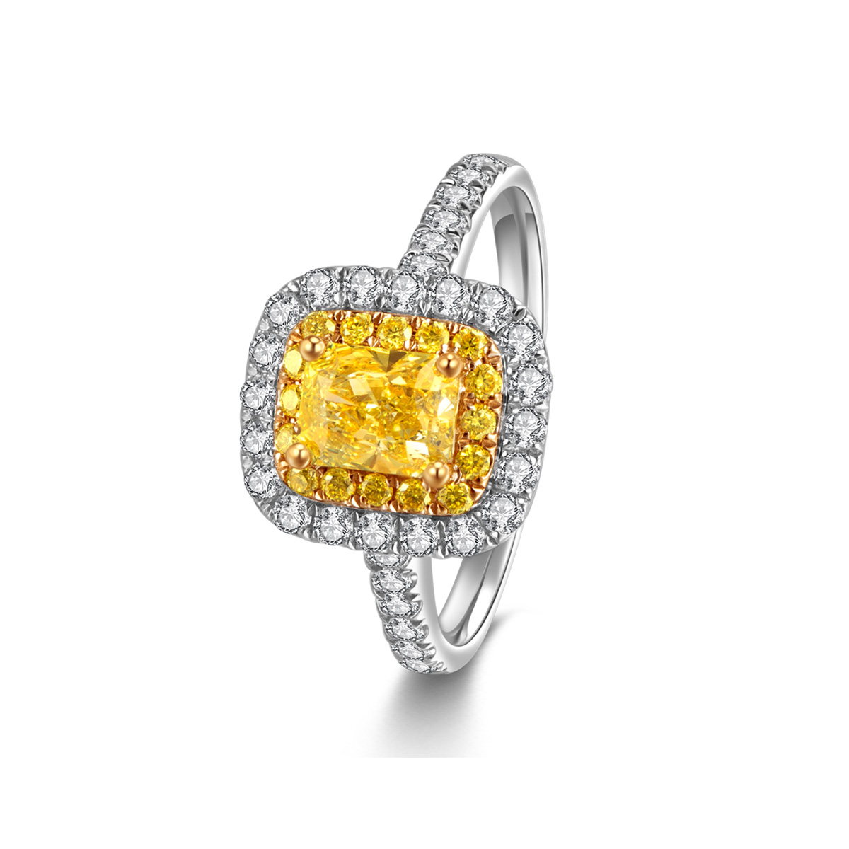 Halo Yellow Cushion Cut Lab Grown Diamond Engagement Ring in 18k Gold ( 1.2 Ct Tw)
