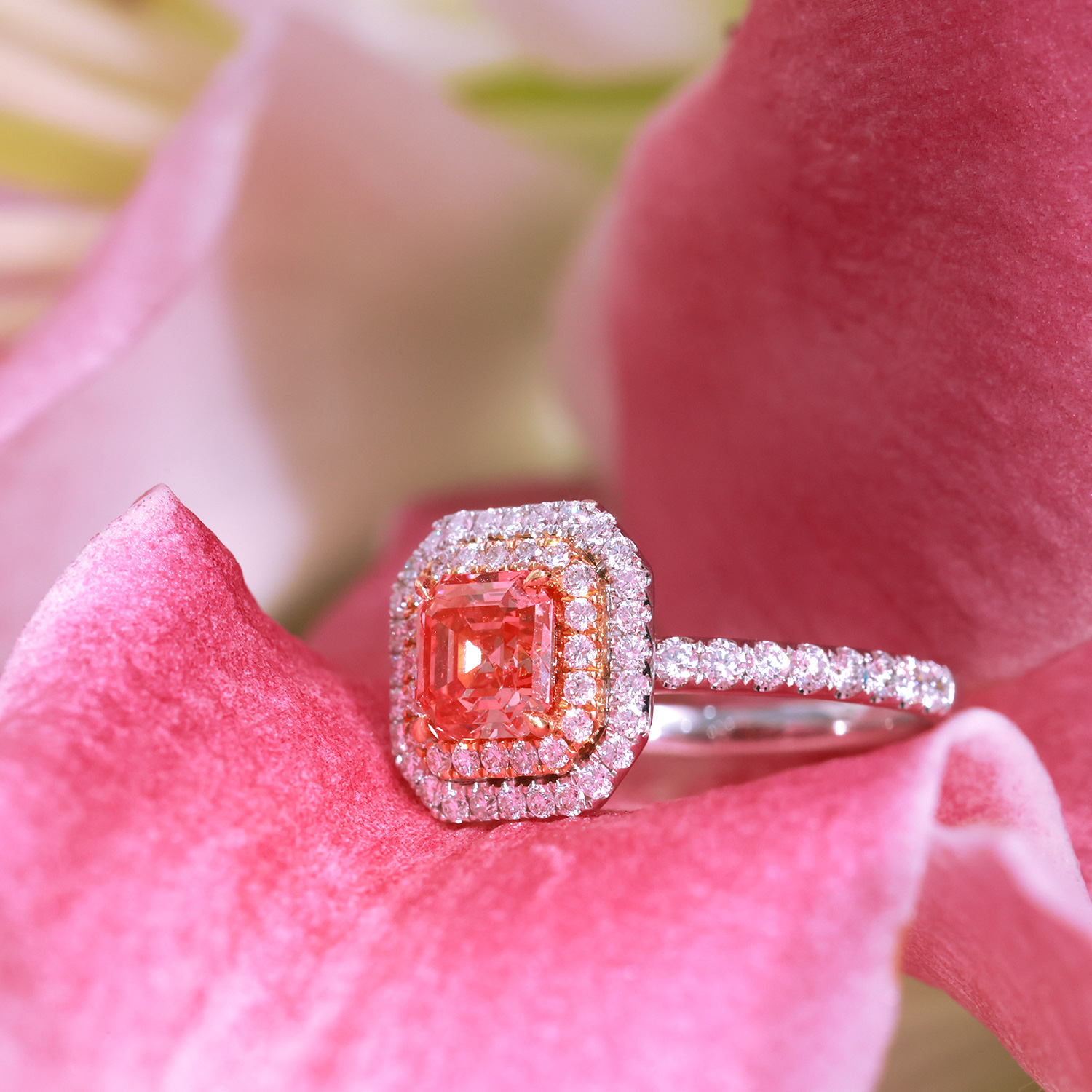 1 Carat Pink Radiant Cut Lab Grown Diamond Center Stone Double Halo Enagegement Ring in 18k Gold ( 1.5 Ct Tw)