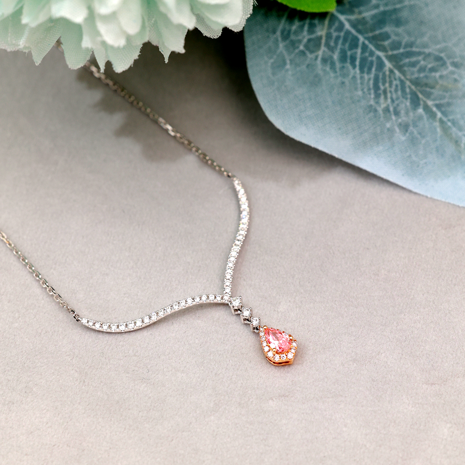 Halo Pink Waterdrop Lab Grown Diamond Elegant Curved Line Pendant Necklace (0.6 Ct Tw)
