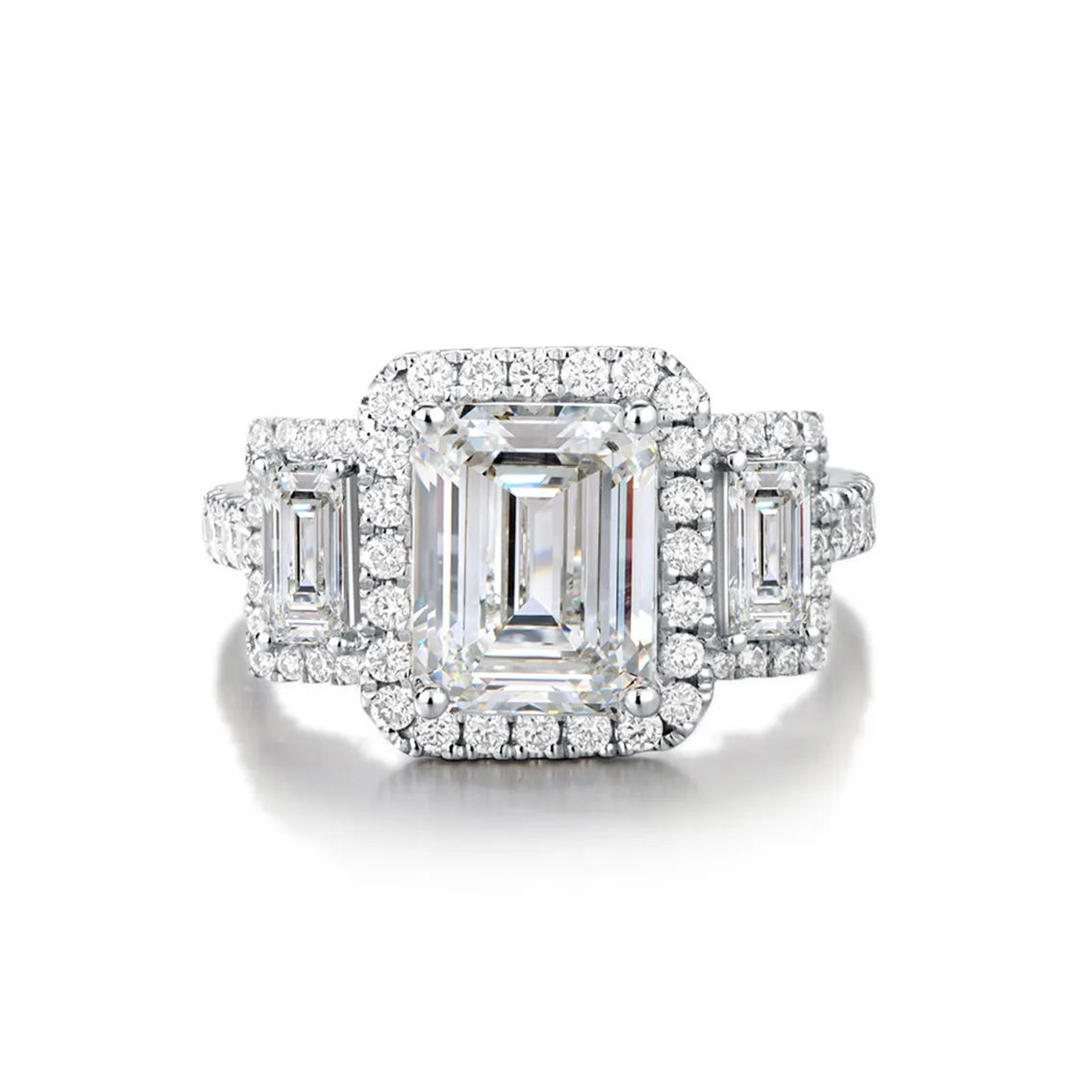2.5 Carat Center Stone Three Stone Halo Emerald Cut Lab Grown Diamond Engagement Ring (3.4 Ct Tw) 
