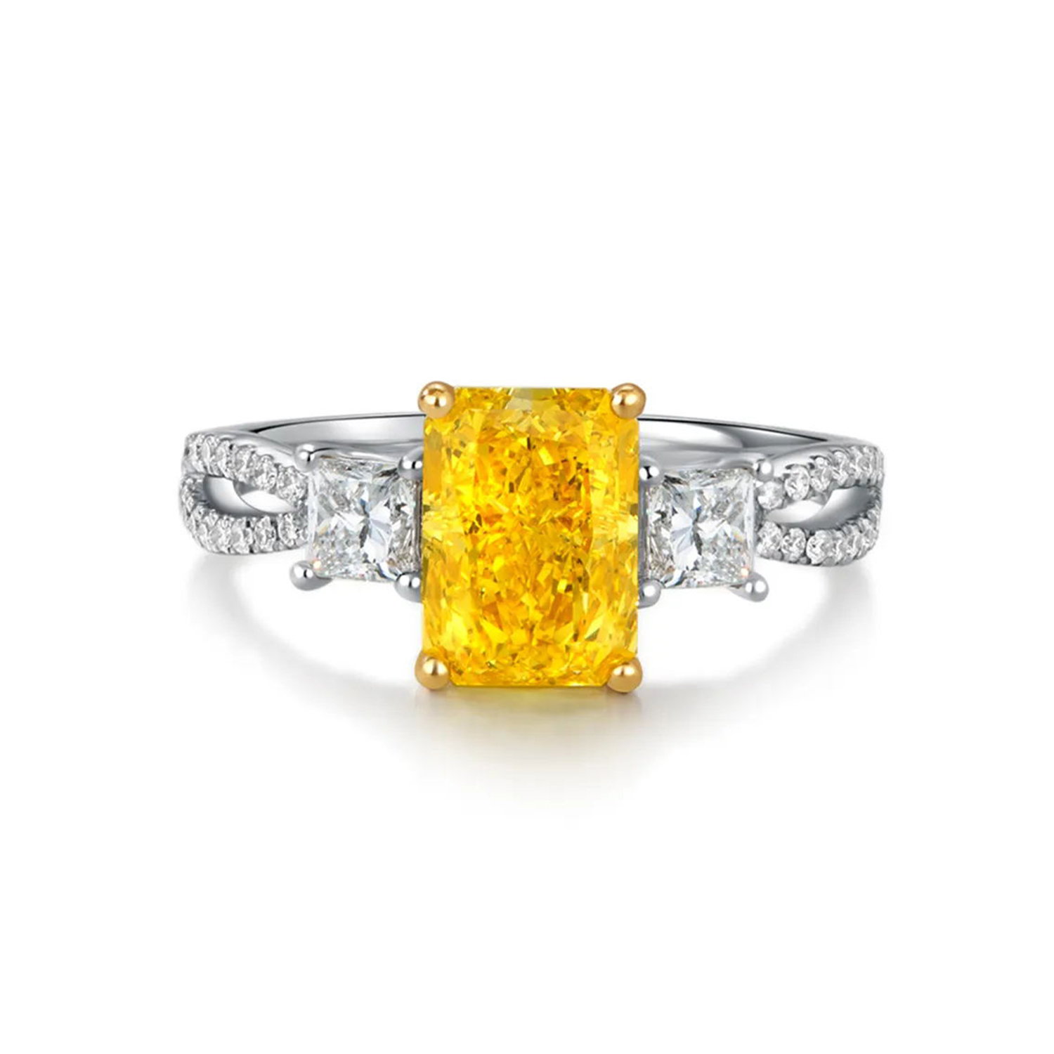 1.6 Carat Center Stone Yellow Radiant Cut Lab Grown Diamond Three Stone Engagement Ring (2.2 Ct Tw)