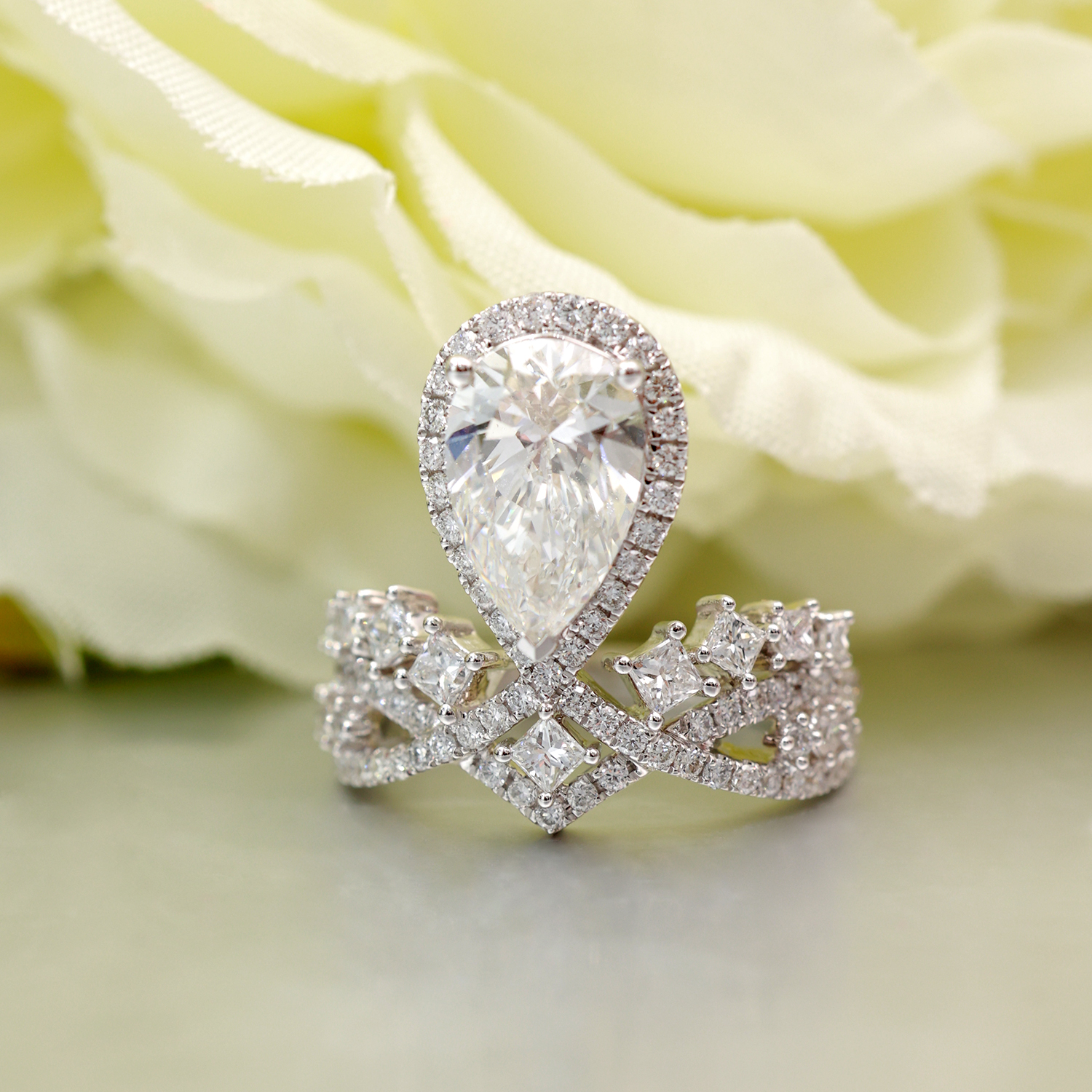 2 Carat Main Stone Tiara Shape Halo Pear Cut Lab Grown Diamond Engagement Ring ( 3 Ct Tw)
