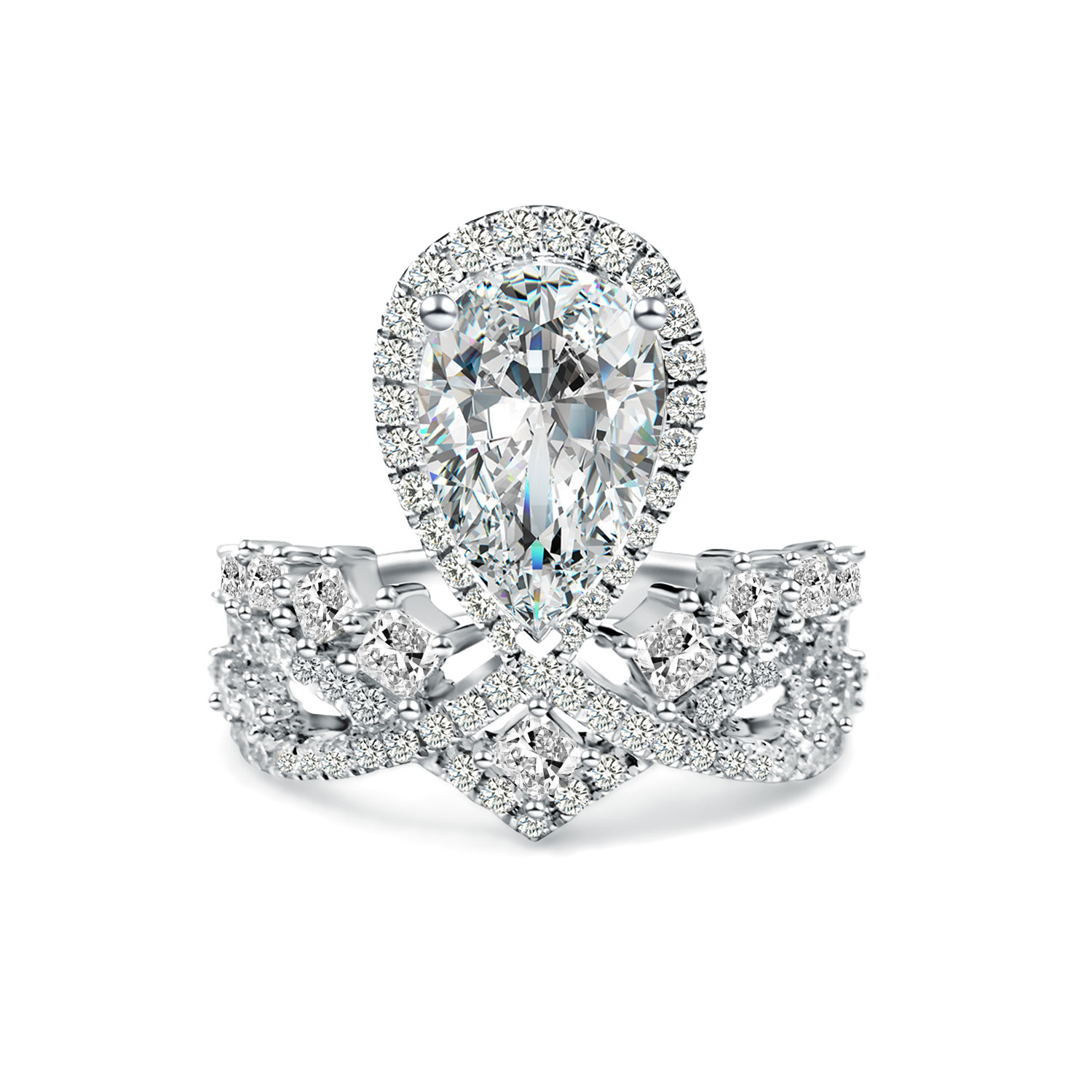 2 Carat Main Stone Tiara Shape Halo Pear Cut Lab Grown Diamond Engagement Ring ( 3 Ct Tw)