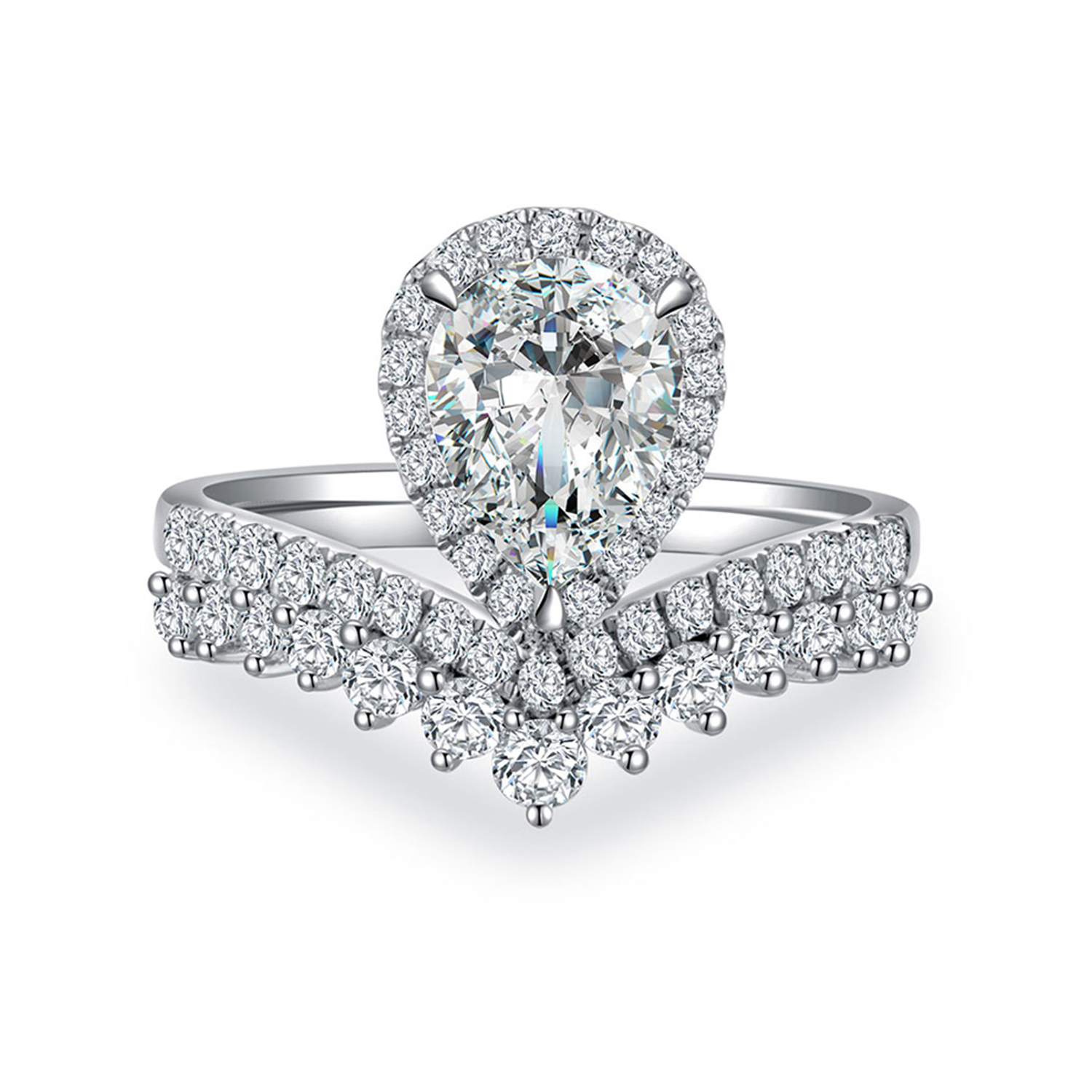1 Carat Center Stone Halo Pear Cut Lab Grown Diamond V Shape Two Row Engagement Ring (1.6 Ct Tw)