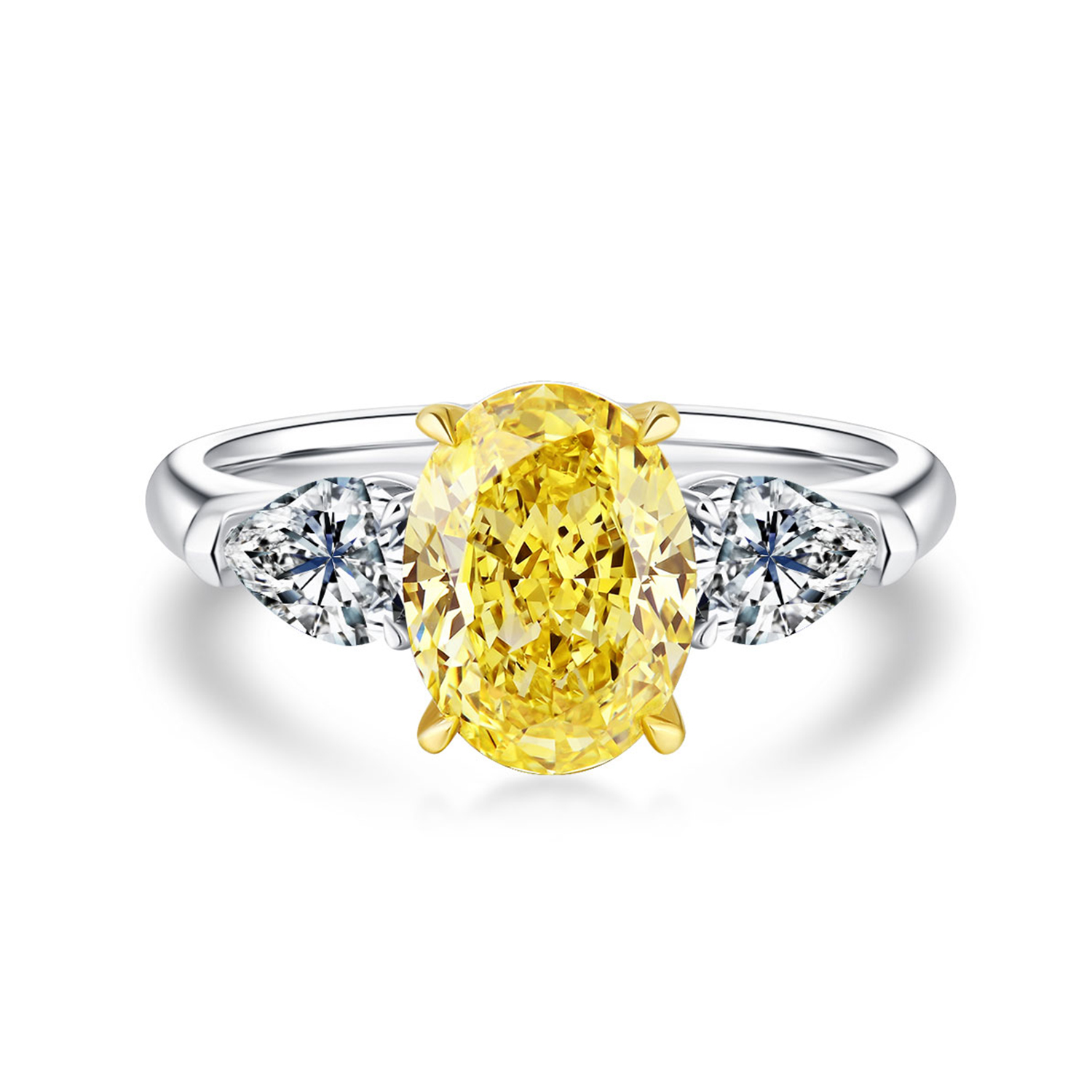 2.4 Carat Center Stone Yellow and White Oval Cut Three Stone Lab Grown Diamond Engagement Ring (3 Ct Tw)