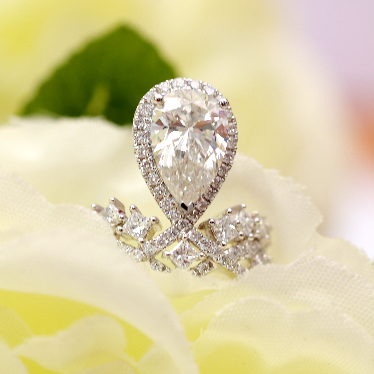 2 Carat Main Stone Tiara Shape Halo Pear Cut Lab Grown Diamond Engagement Ring ( 3 Ct Tw)