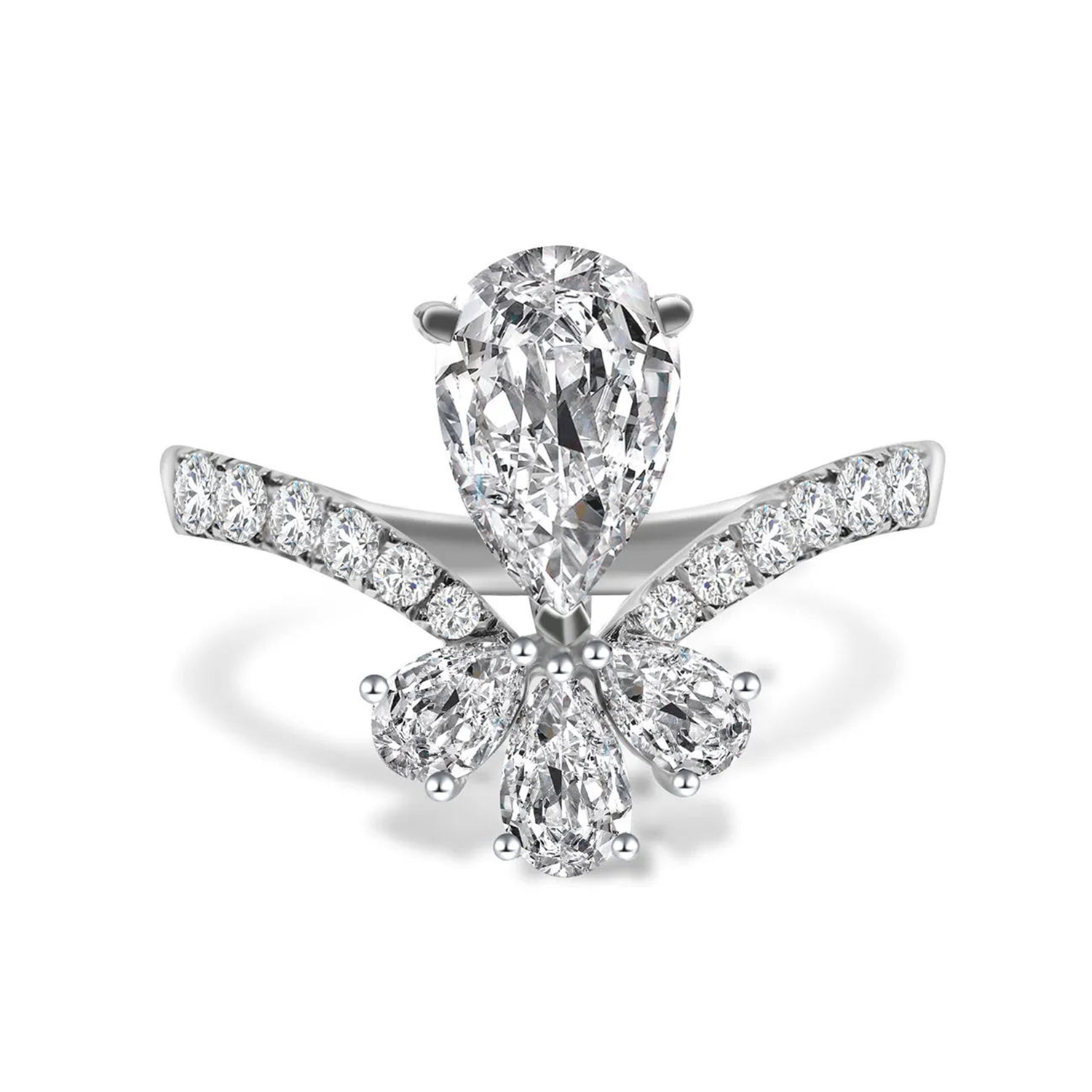 Bouquet 1 Carat Center Stone Pear Cut Lab Grown Diamond V-shape Engagement Ring (1.6 Ct Tw)
