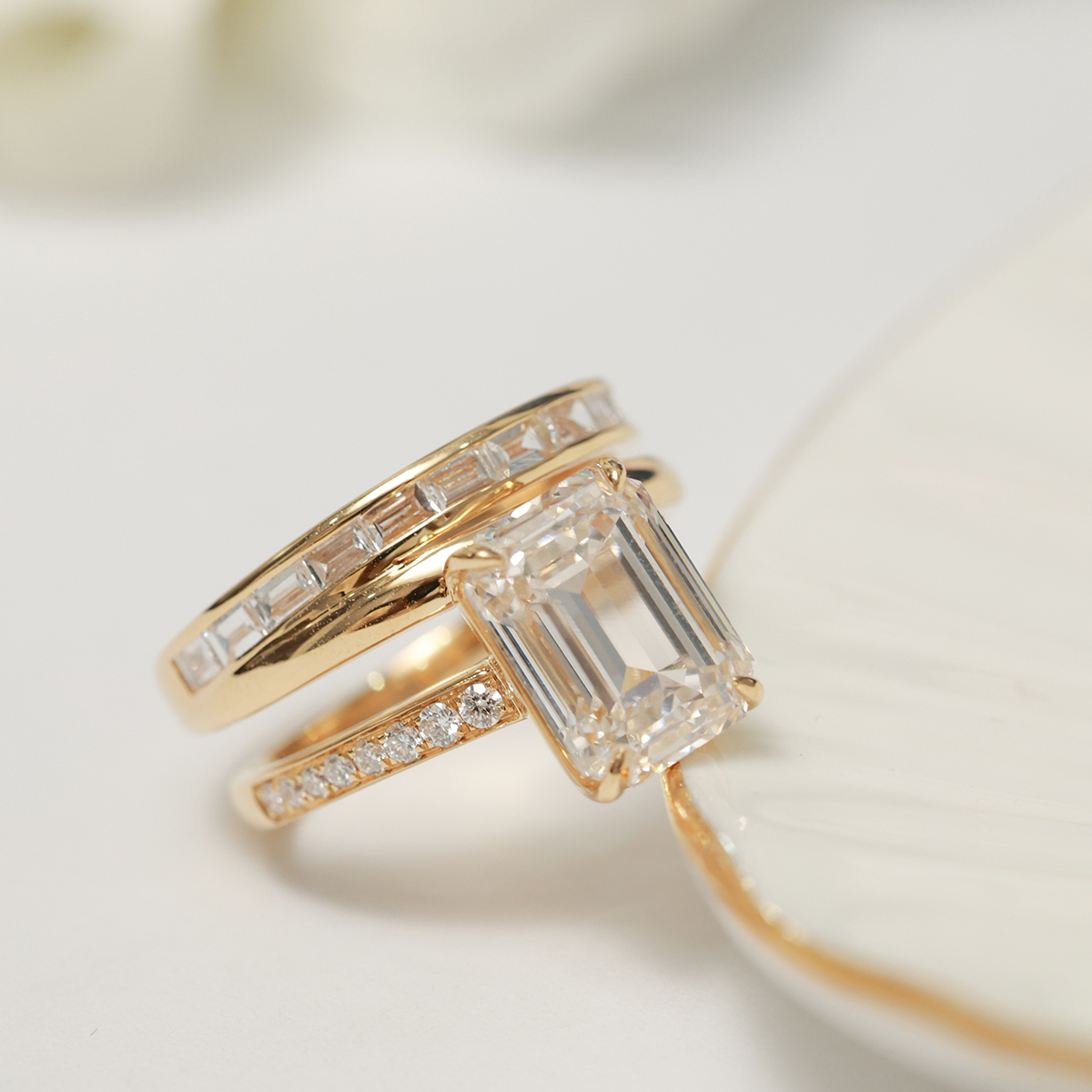 4 Carat Center Stone Emerald Cut Lab Grown Diamond Modern East West Engagement Ring  (4.5 Ct Tw)-Light Mark